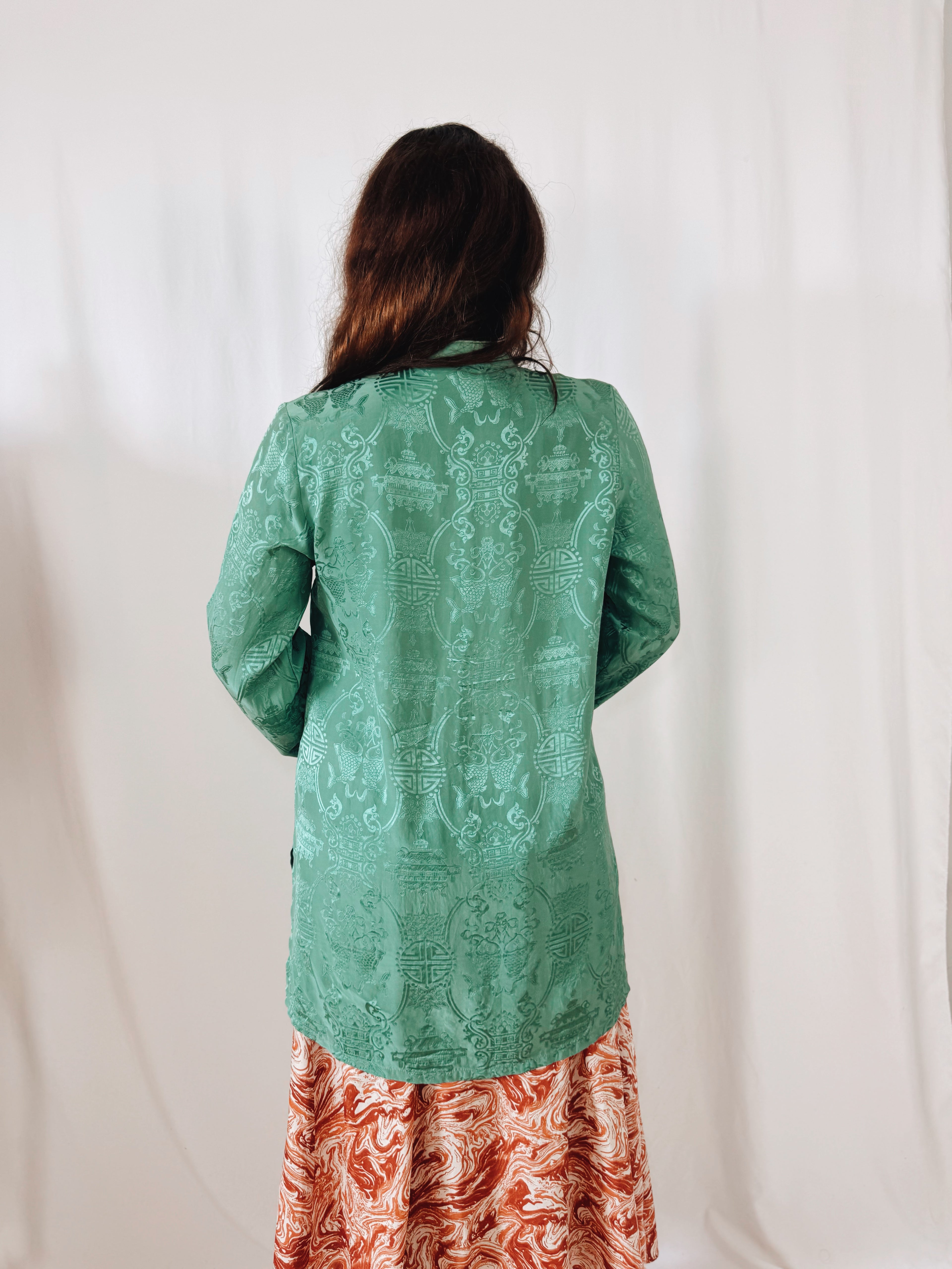Kimono de Seda 100% Monsoon Verde Jade con Cierres Orientales | Talla EU 40