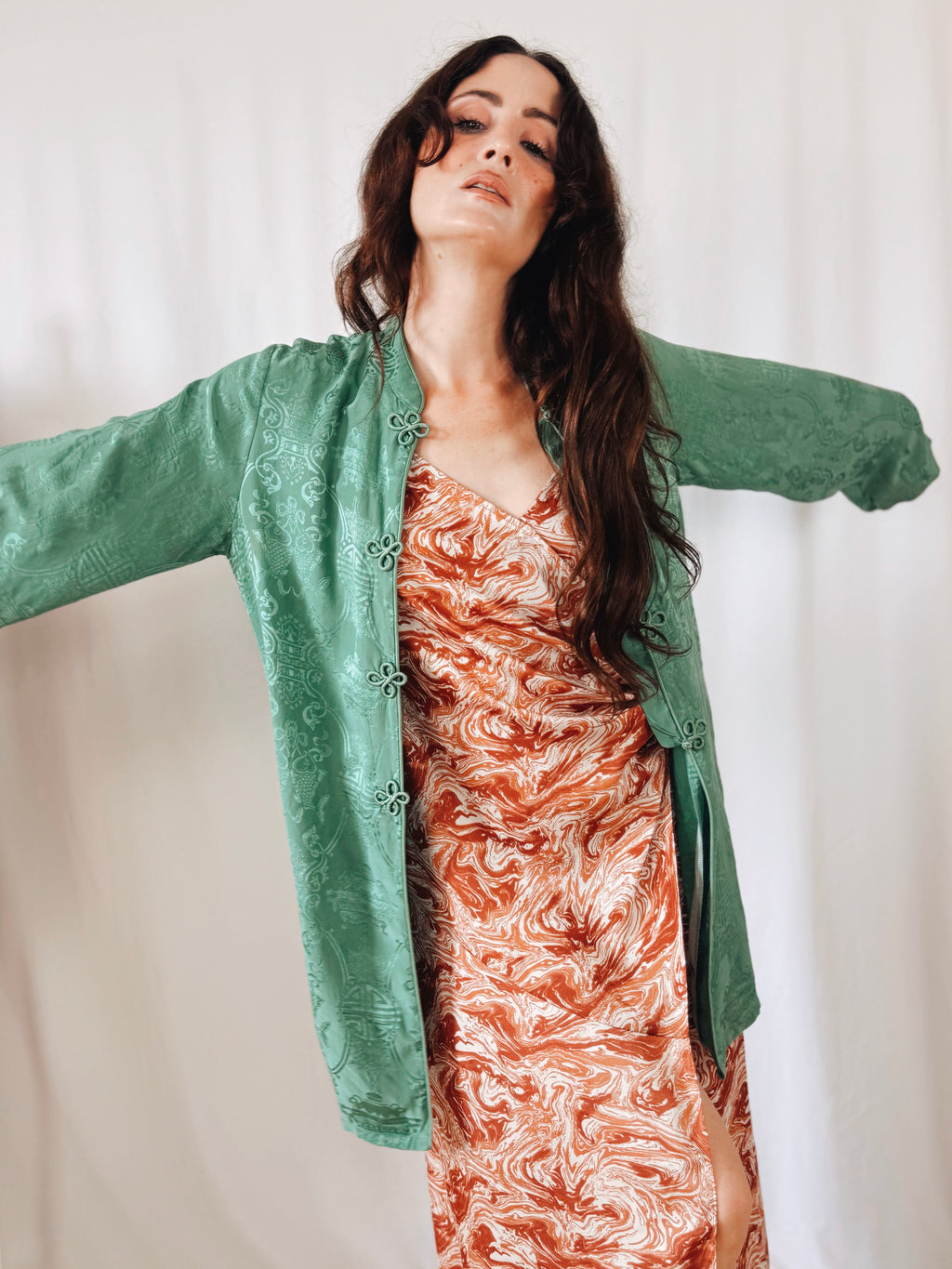 Kimono de Seda 100% Monsoon Verde Jade con Cierres Orientales | Talla EU 40