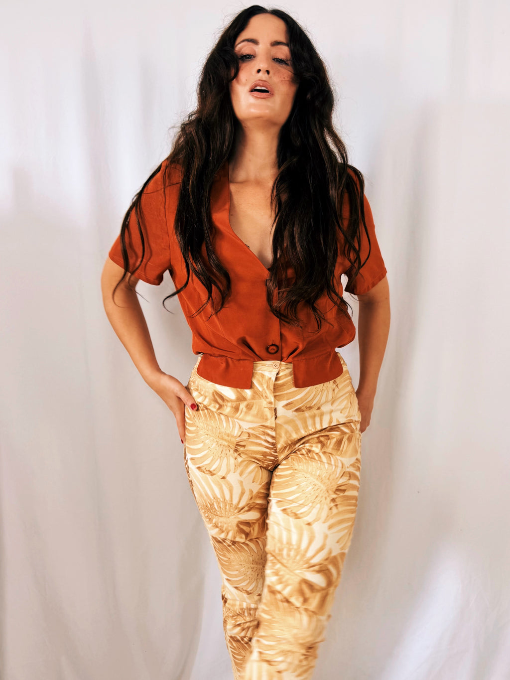 Pantalón Vintage Pilar Rueda Hojas Monstera Tiro Alto Talla 36/38