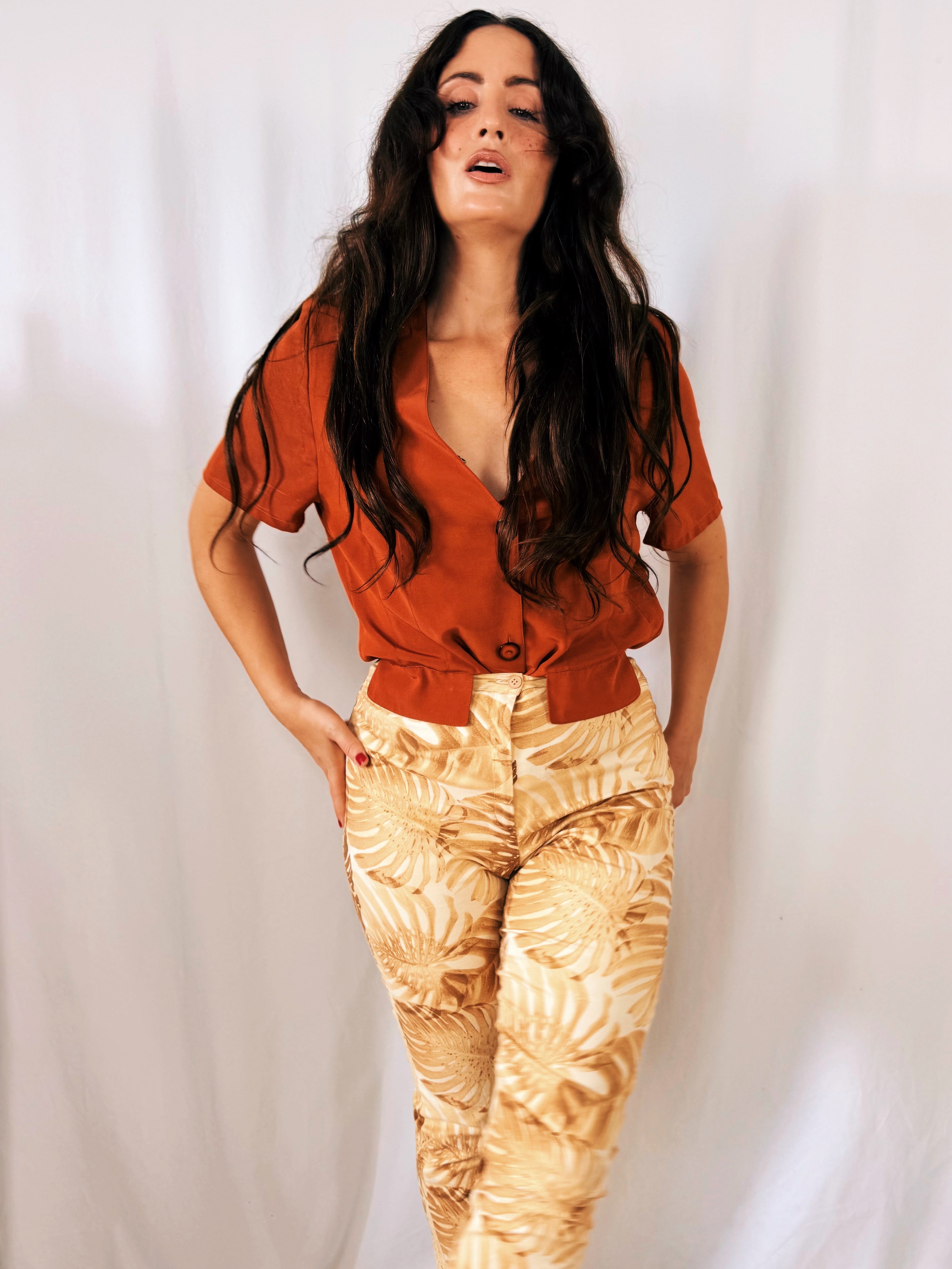 Pantalón Vintage Pilar Rueda Hojas Monstera Tiro Alto Talla 36/38