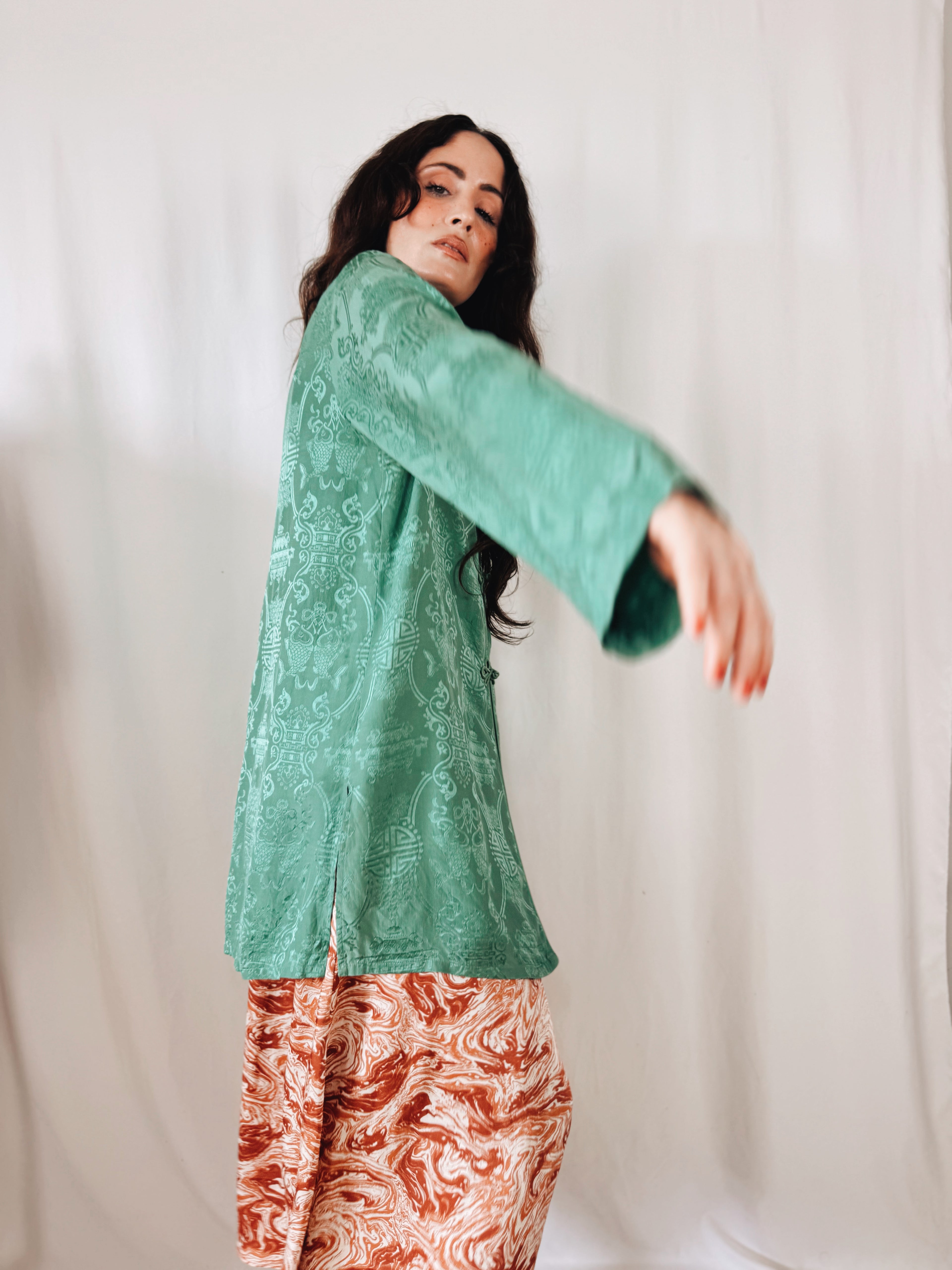 Kimono de Seda 100% Monsoon Verde Jade con Cierres Orientales | Talla EU 40
