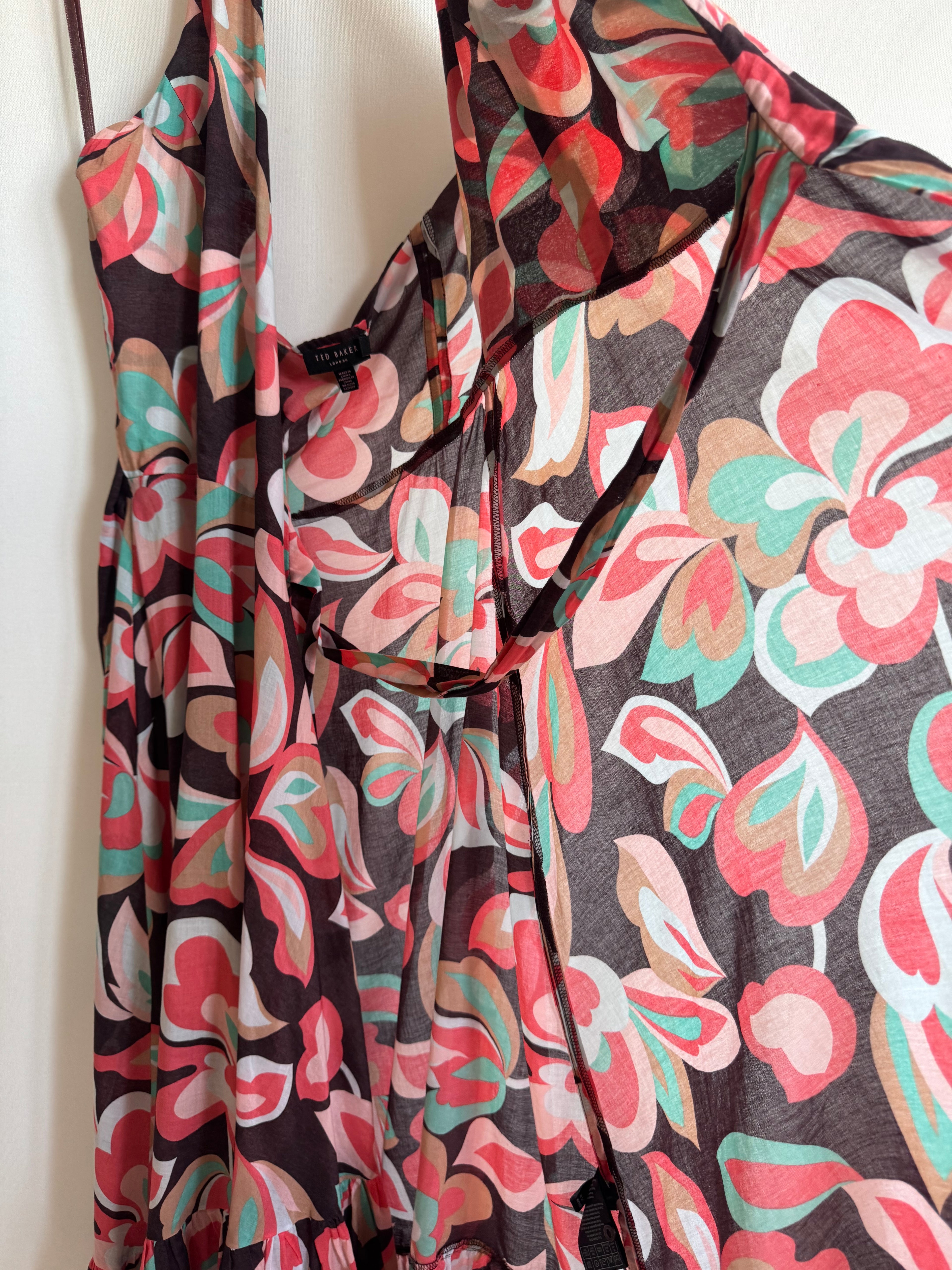 Vestido Ted Baker London 100% algodón con escote halter cruzado y estampado floral – Talla 40