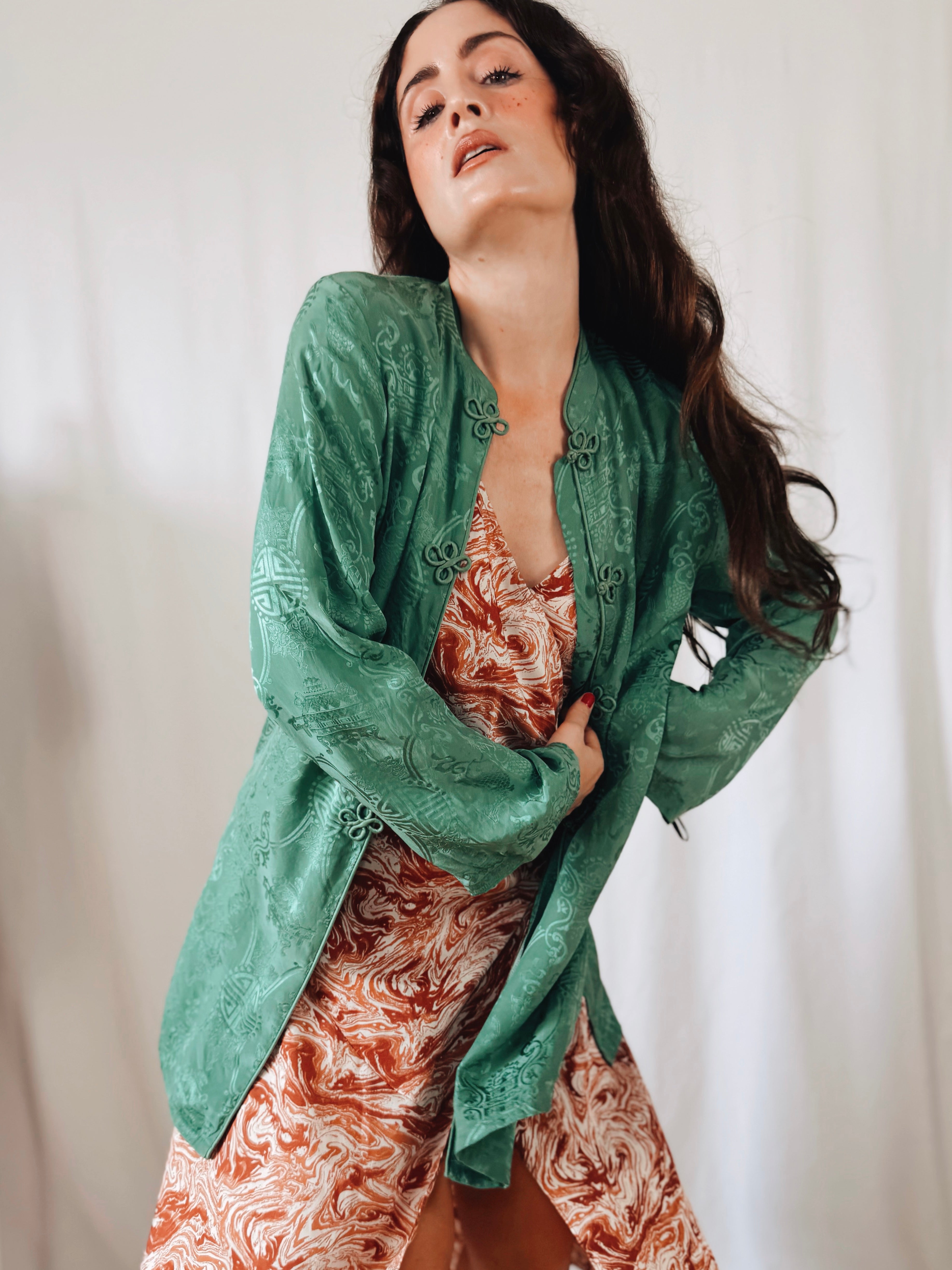Kimono de Seda 100% Monsoon Verde Jade con Cierres Orientales | Talla EU 40