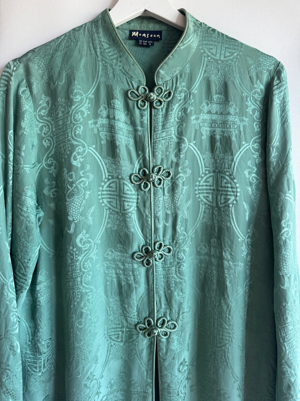 Kimono de Seda 100% Monsoon Verde Jade con Cierres Orientales | Talla EU 40