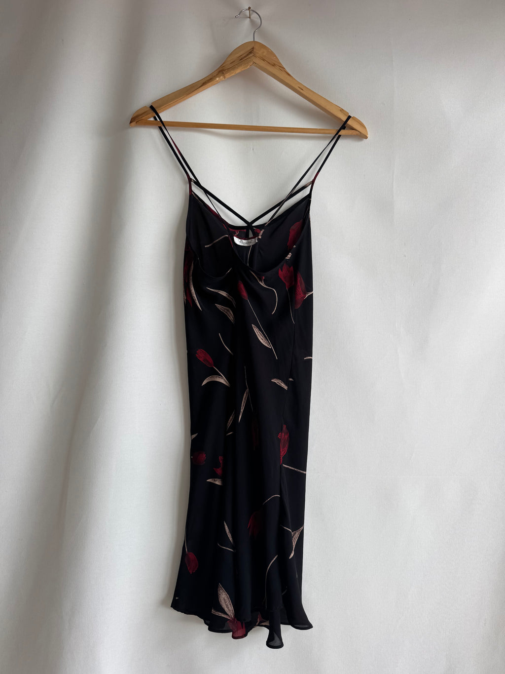 Vestido vintage Queentex 100% seda negro floral lencero tirantes finos