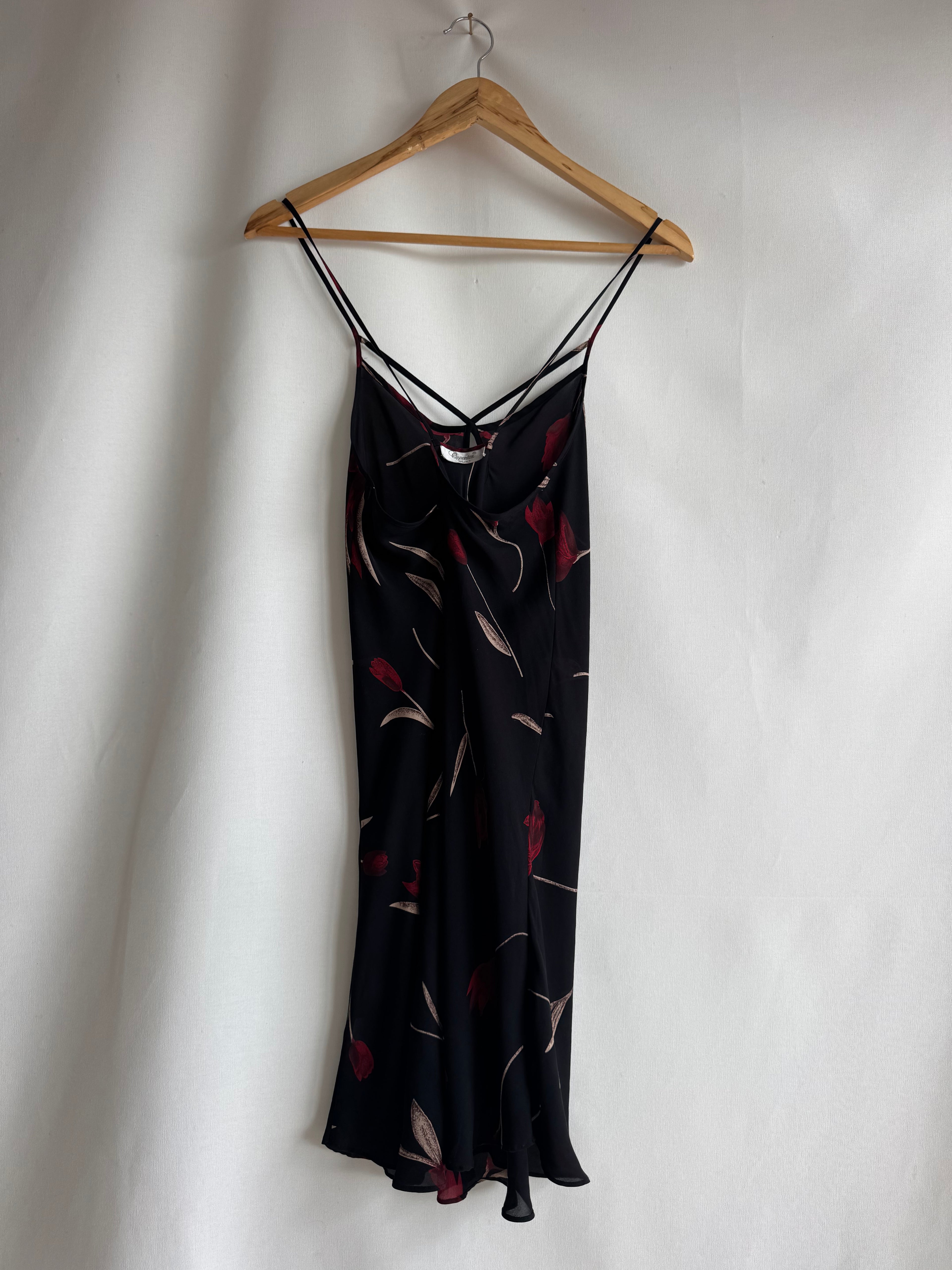 Vestido vintage Queentex 100% seda negro floral lencero tirantes finos