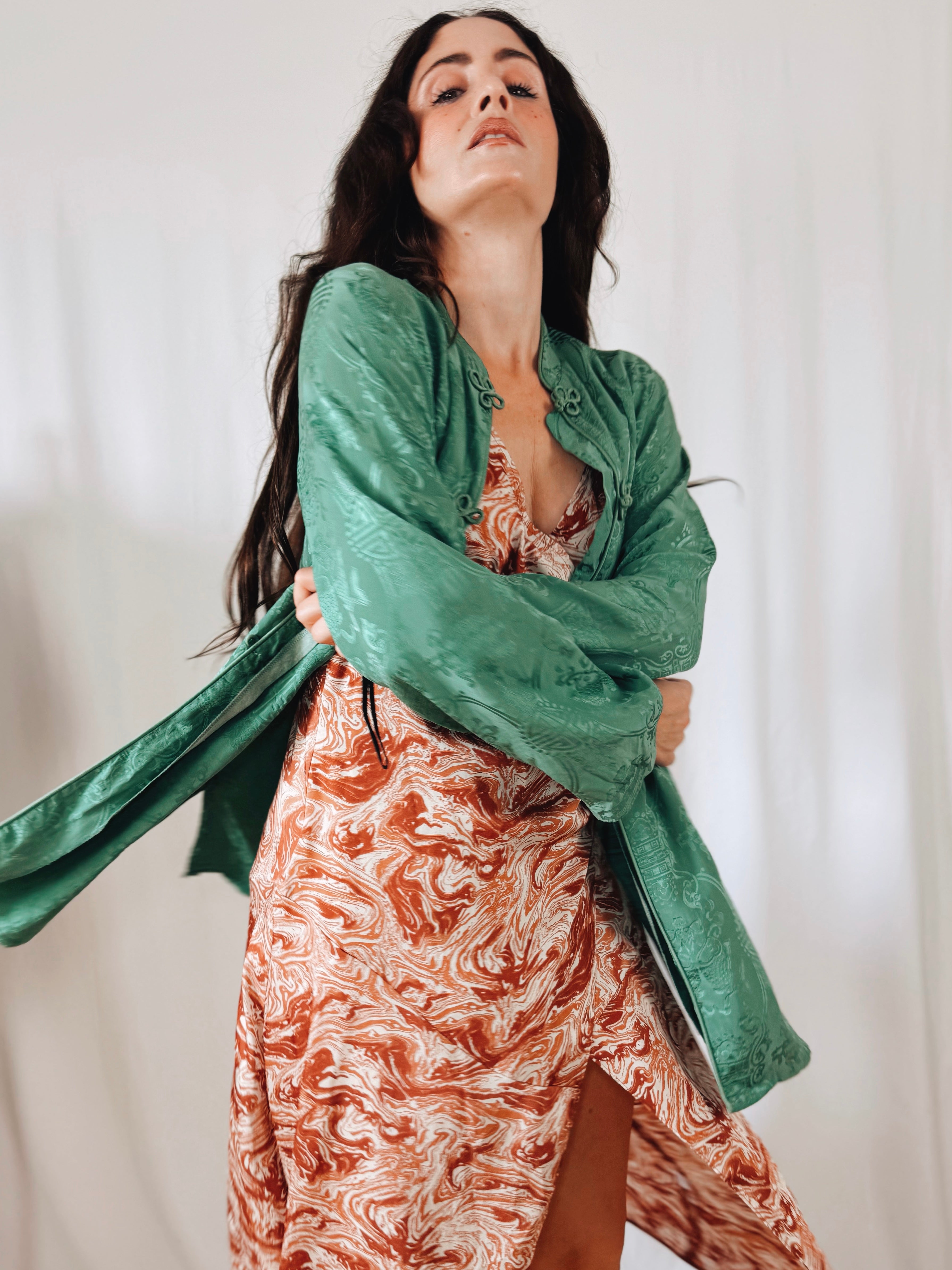 Kimono de Seda 100% Monsoon Verde Jade con Cierres Orientales | Talla EU 40