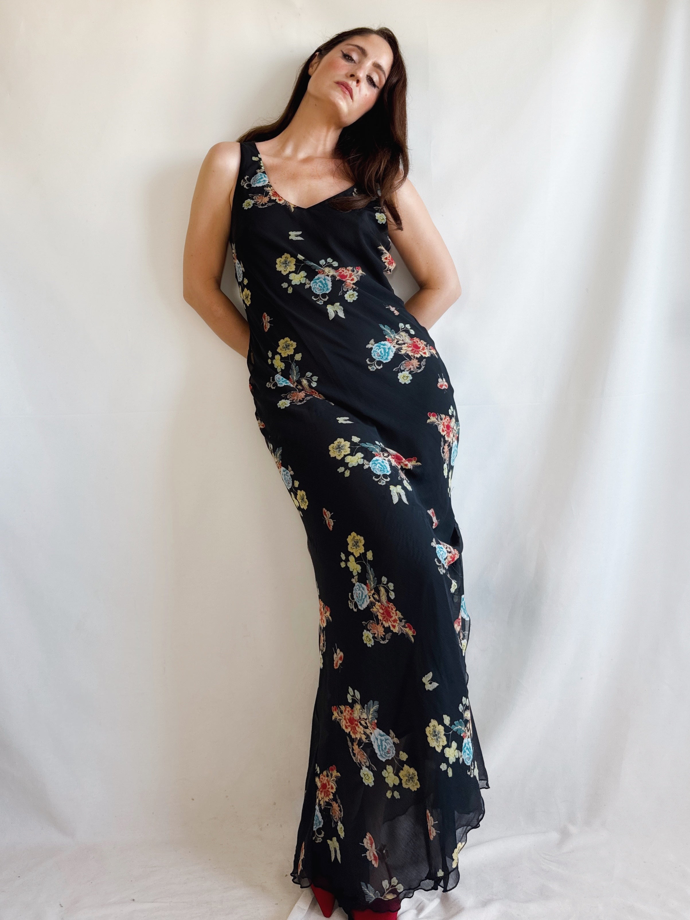 Vestido Vintage Floral Midi Maxi Negro · Unit El Corte Inglés · Slip Dress 90s