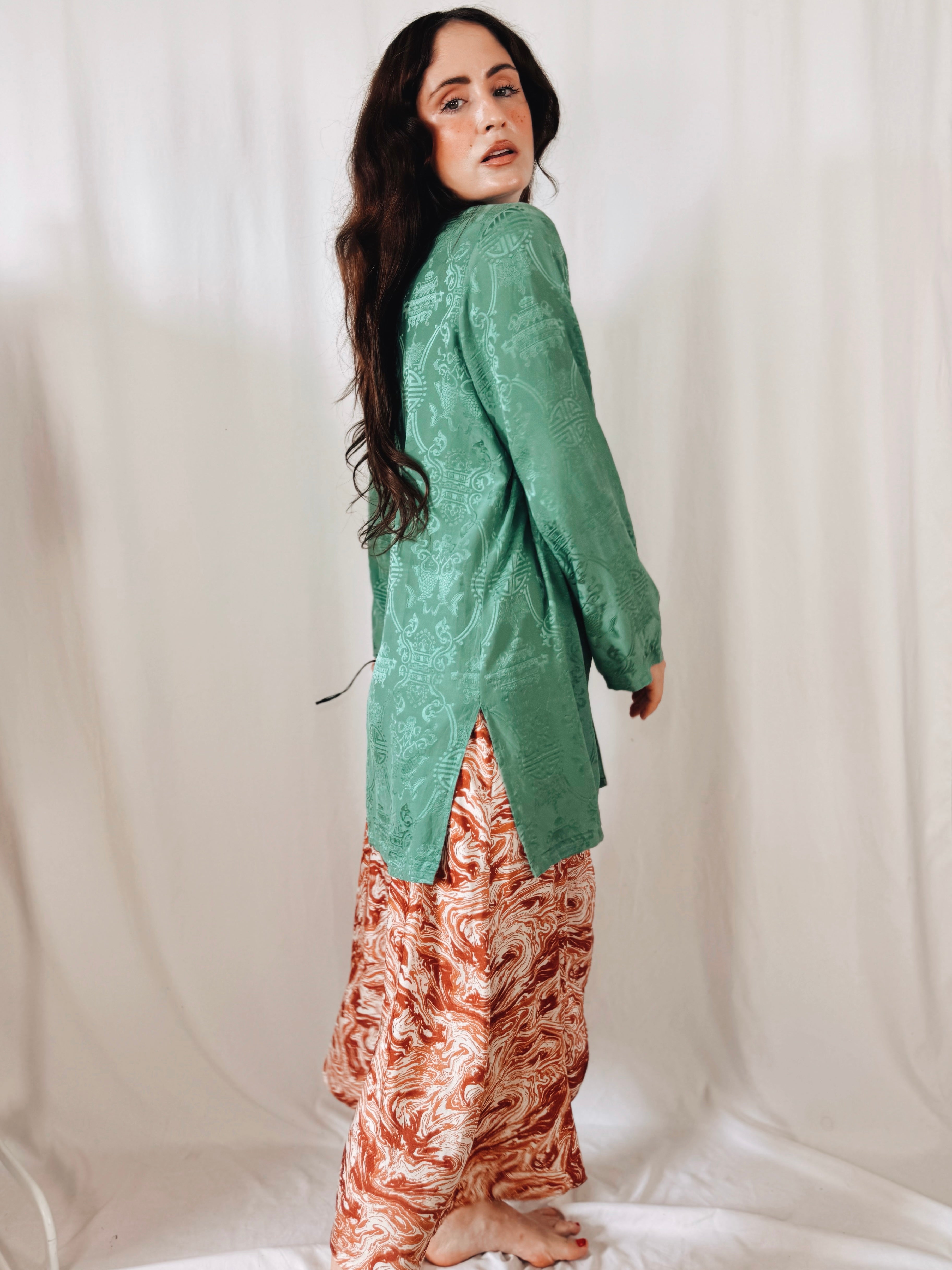 Kimono de Seda 100% Monsoon Verde Jade con Cierres Orientales | Talla EU 40