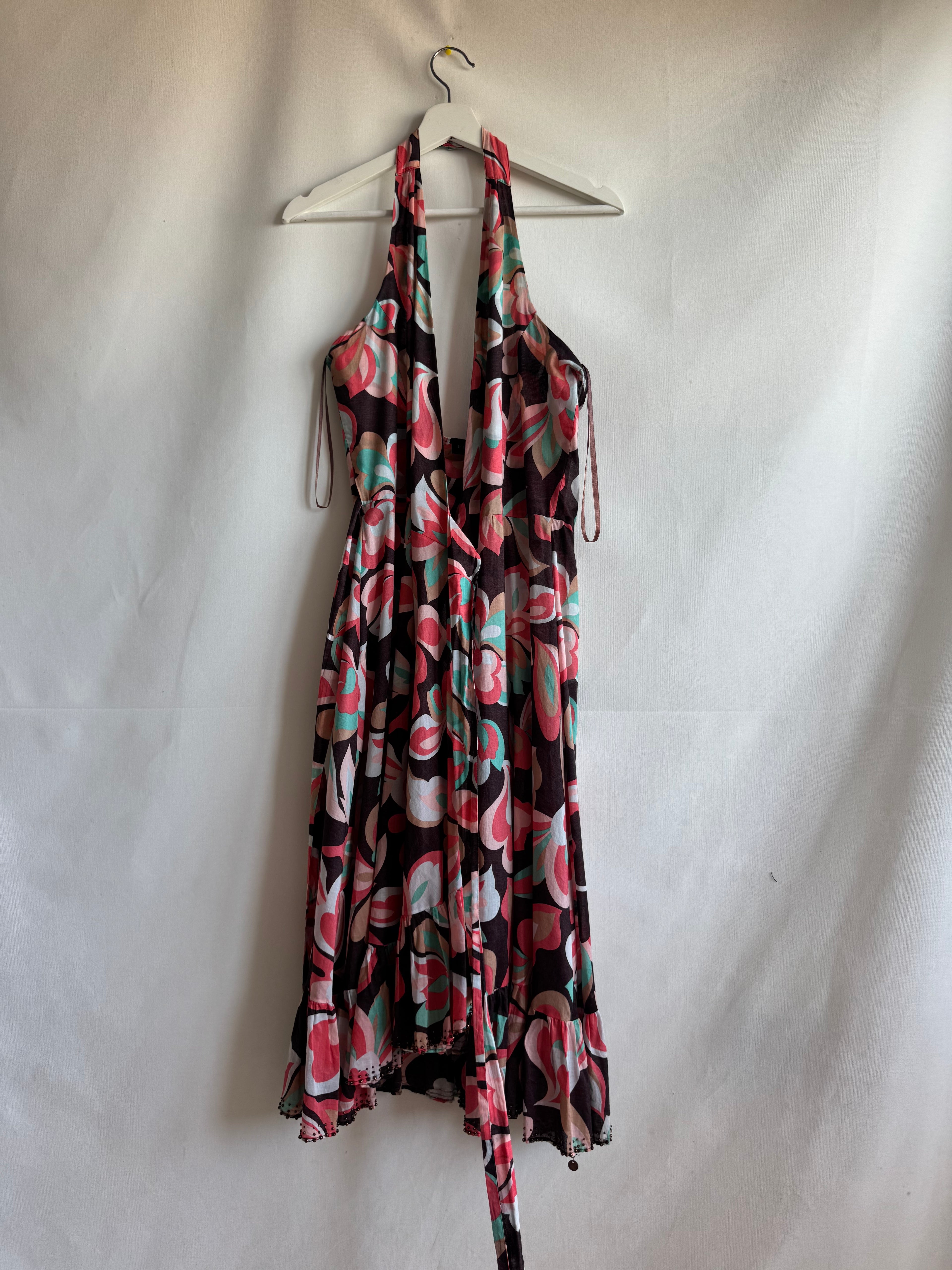 Vestido Ted Baker London 100% algodón con escote halter cruzado y estampado floral – Talla 40