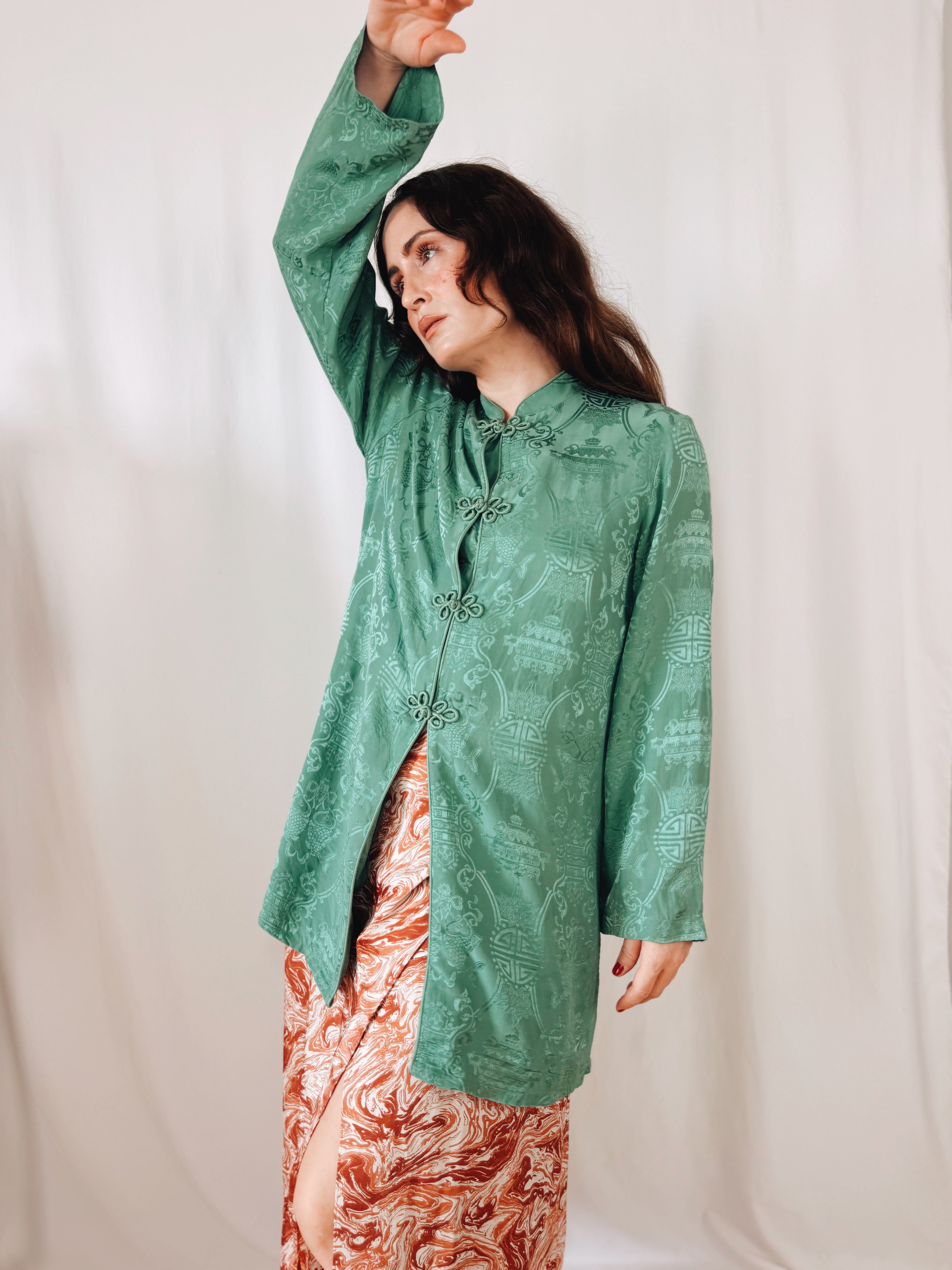 Kimono de Seda 100% Monsoon Verde Jade con Cierres Orientales | Talla EU 40