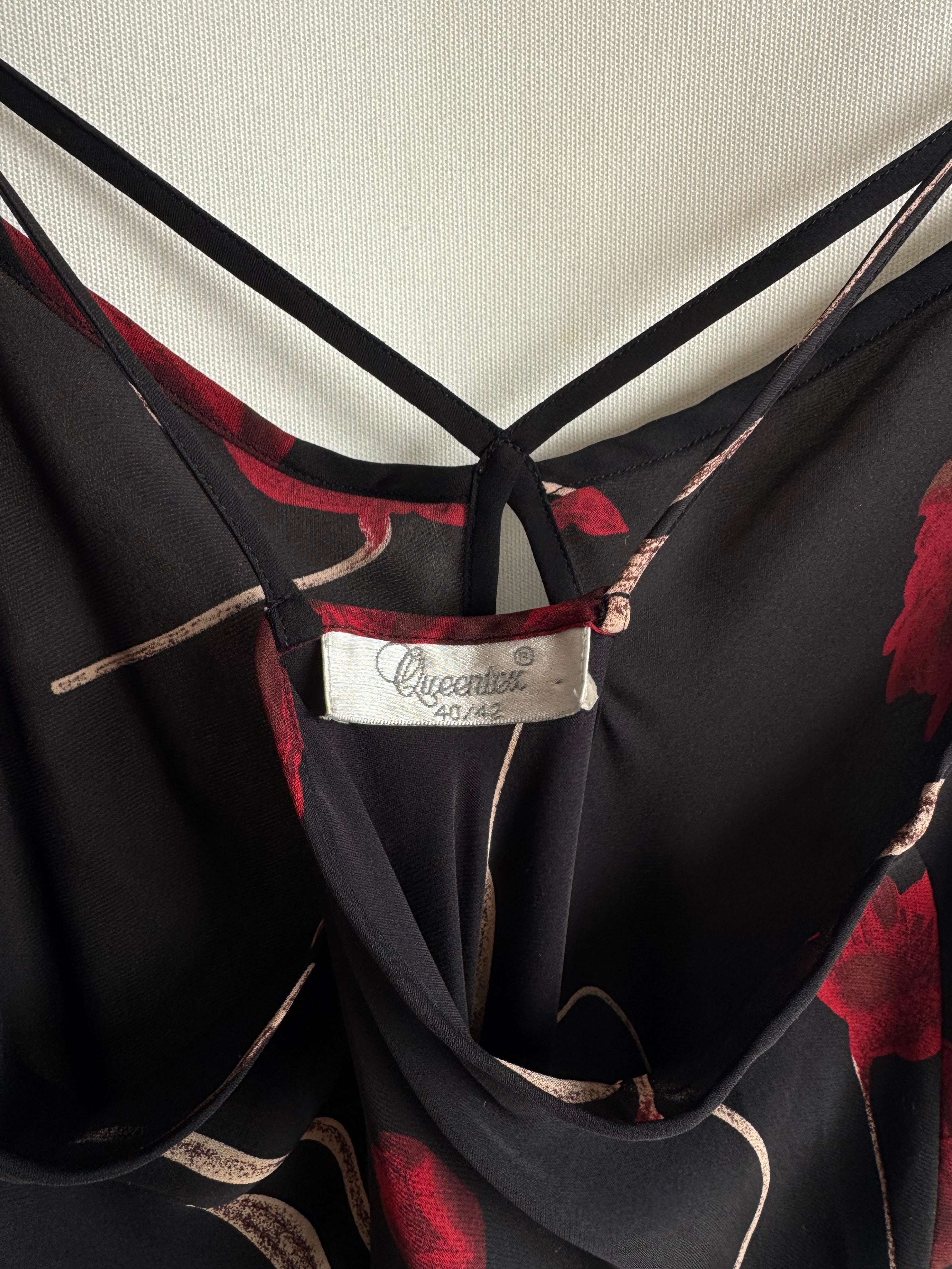 Vestido vintage Queentex 100% seda negro floral lencero tirantes finos