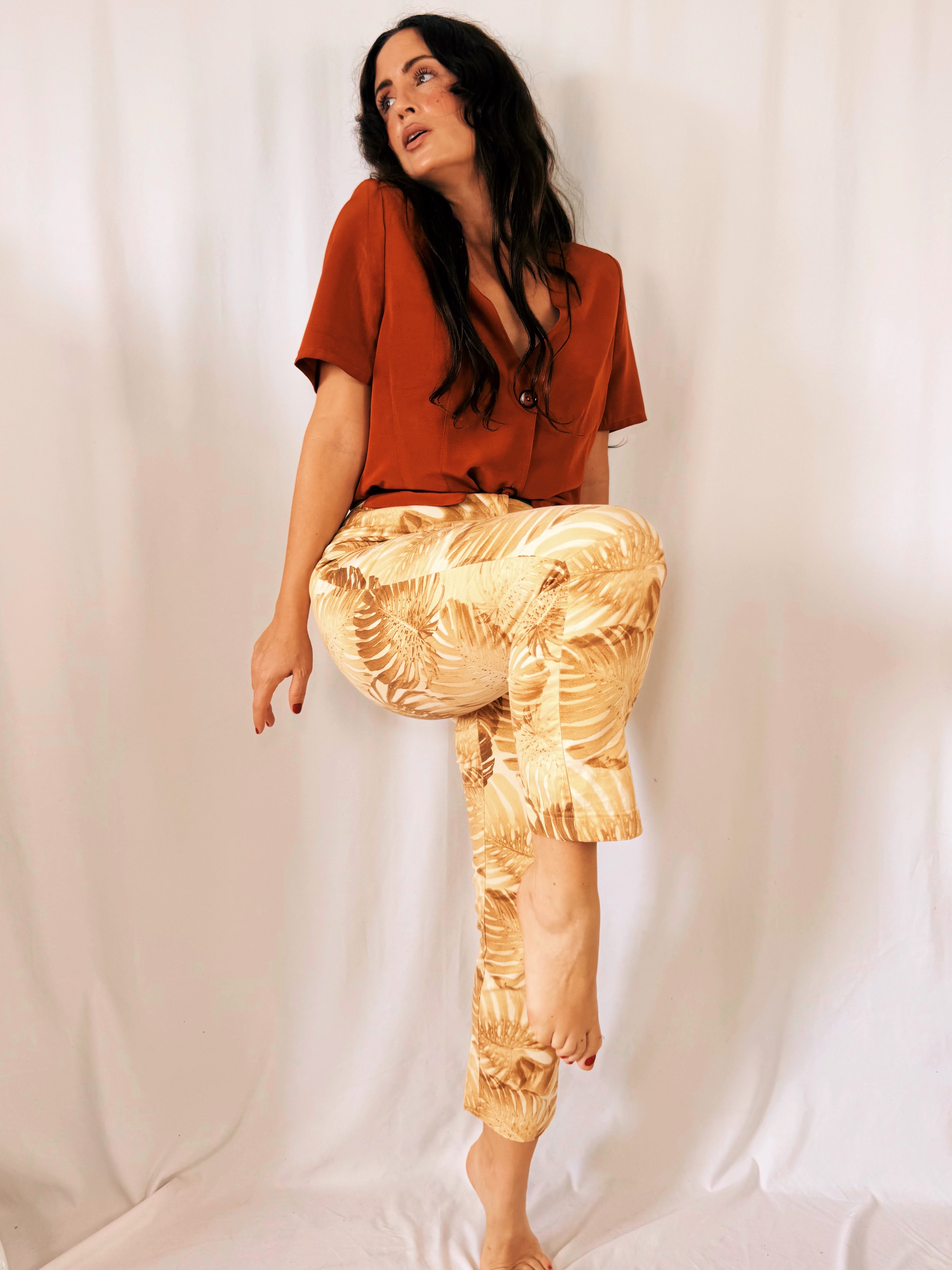 Pantalón Vintage Pilar Rueda Hojas Monstera Tiro Alto Talla 36/38