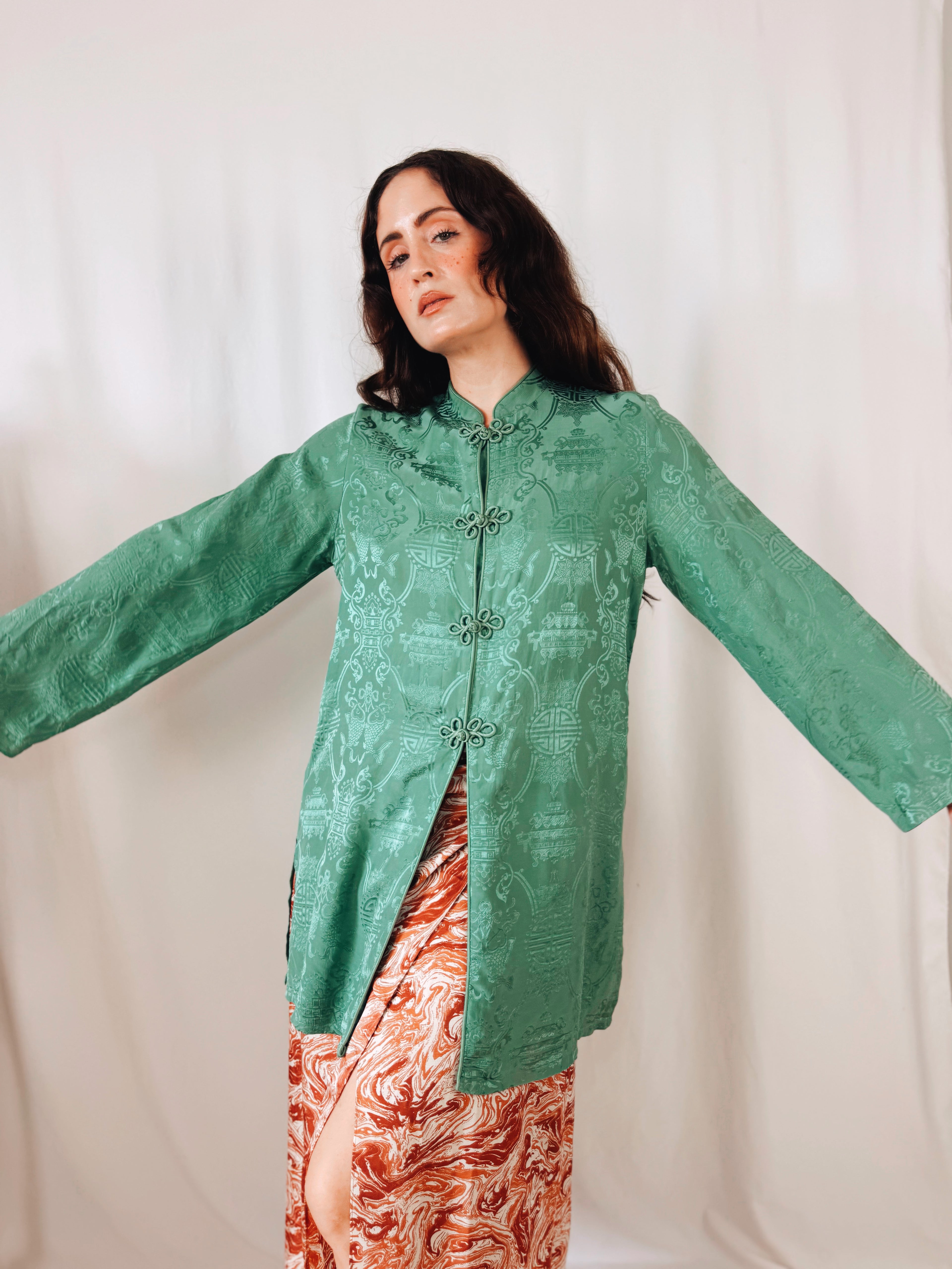 Kimono de Seda 100% Monsoon Verde Jade con Cierres Orientales | Talla EU 40