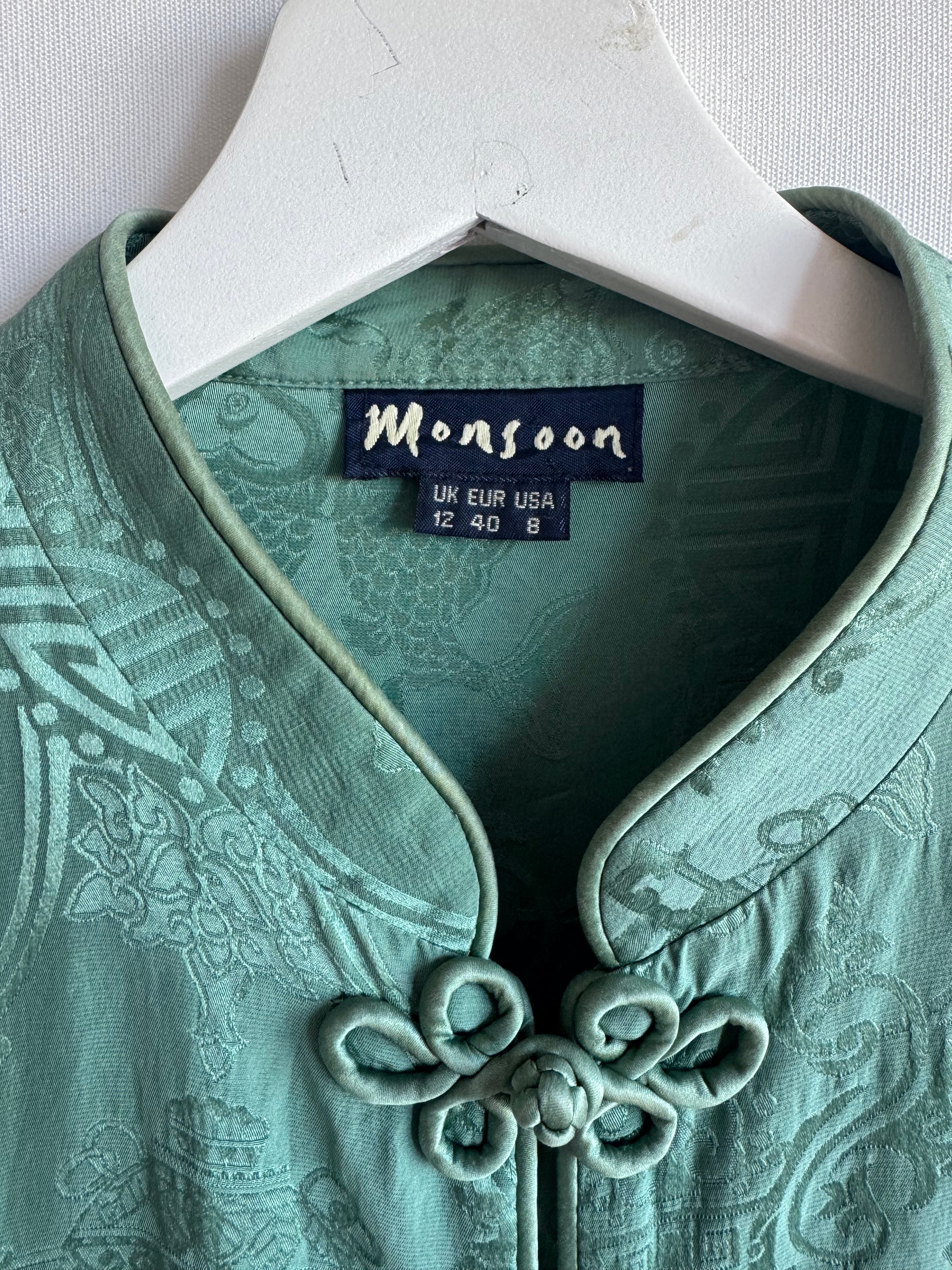 Kimono de Seda 100% Monsoon Verde Jade con Cierres Orientales | Talla EU 40