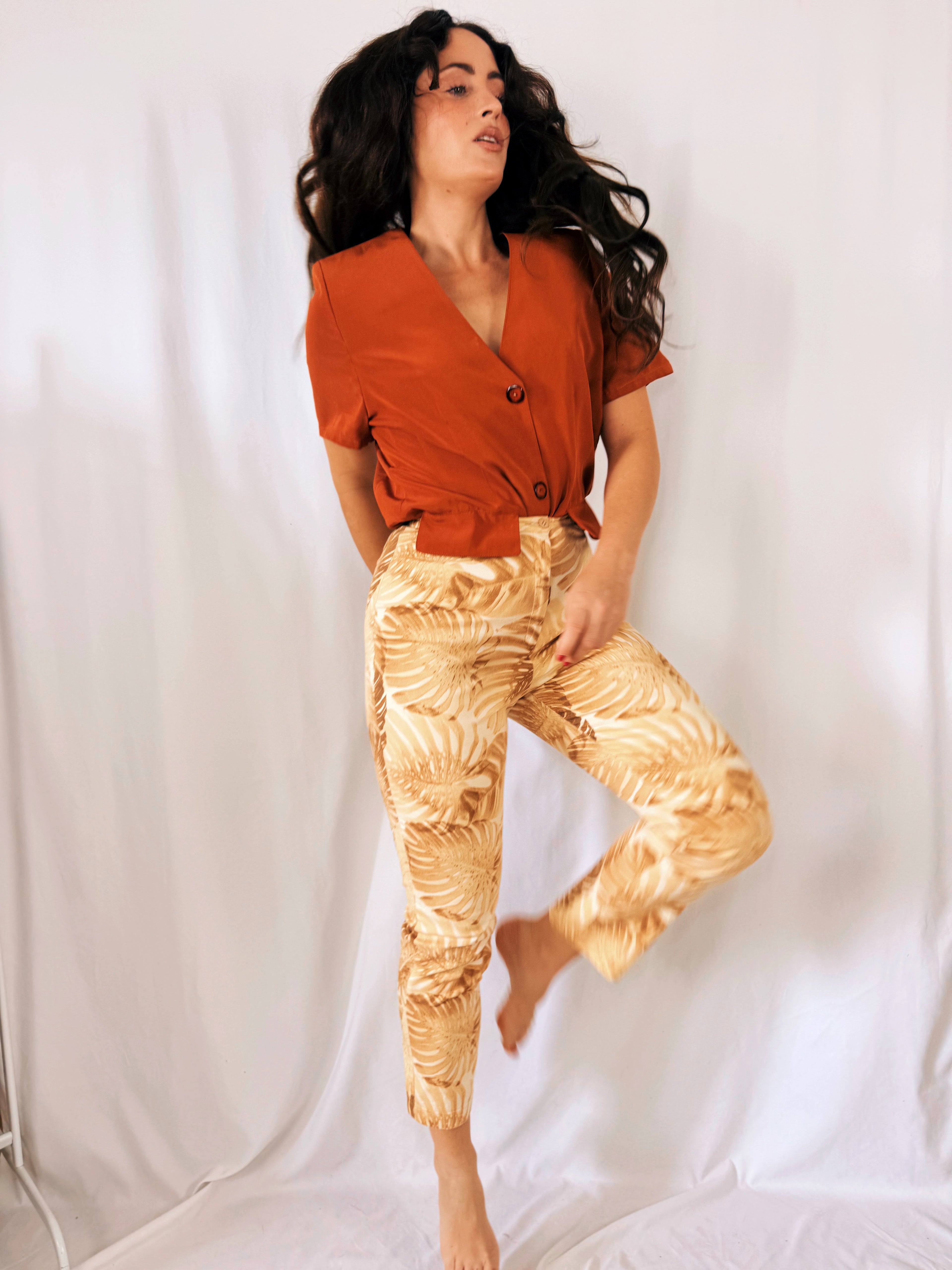 Pantalón Vintage Pilar Rueda Hojas Monstera Tiro Alto Talla 36/38
