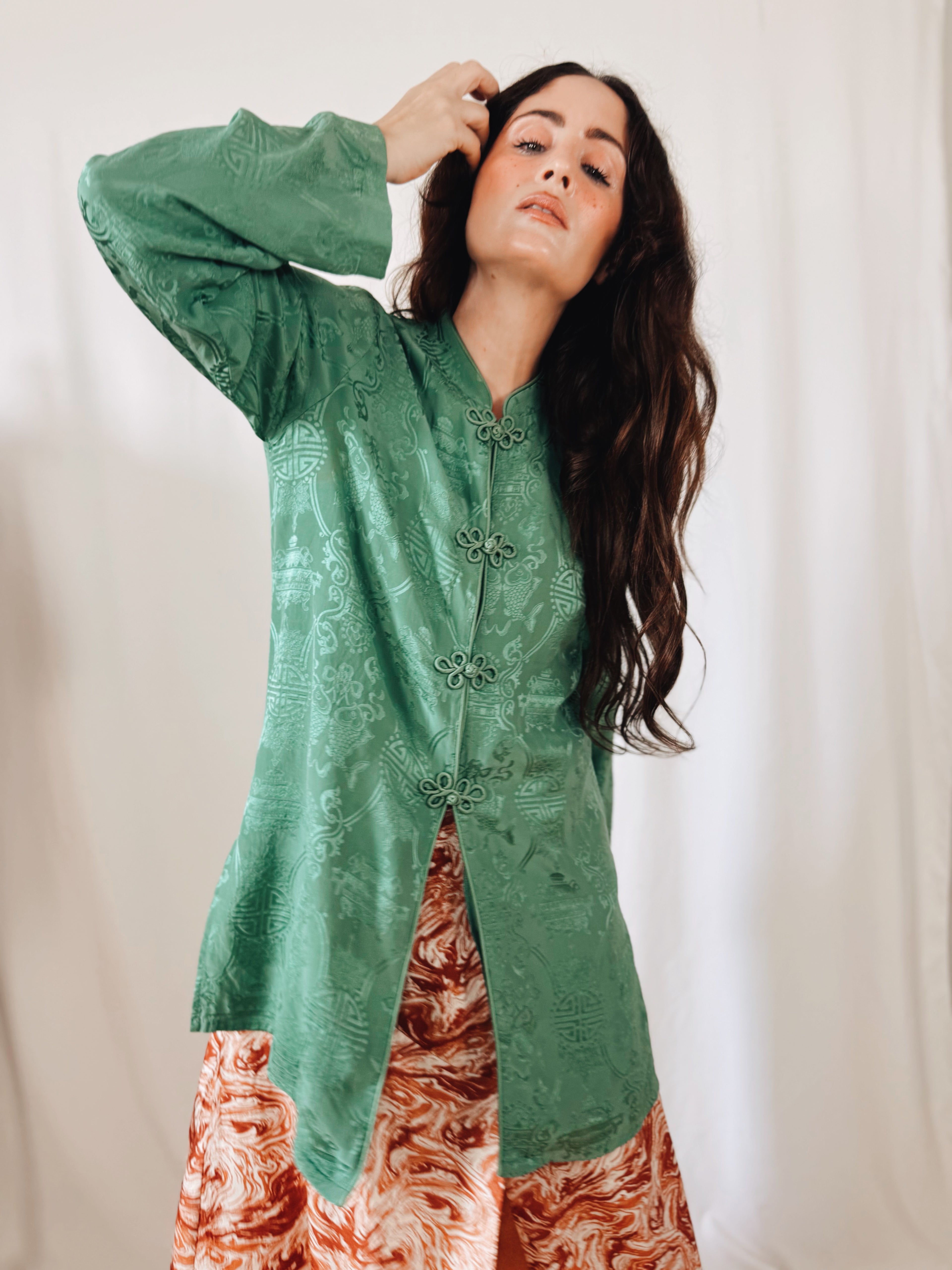 Kimono de Seda 100% Monsoon Verde Jade con Cierres Orientales | Talla EU 40