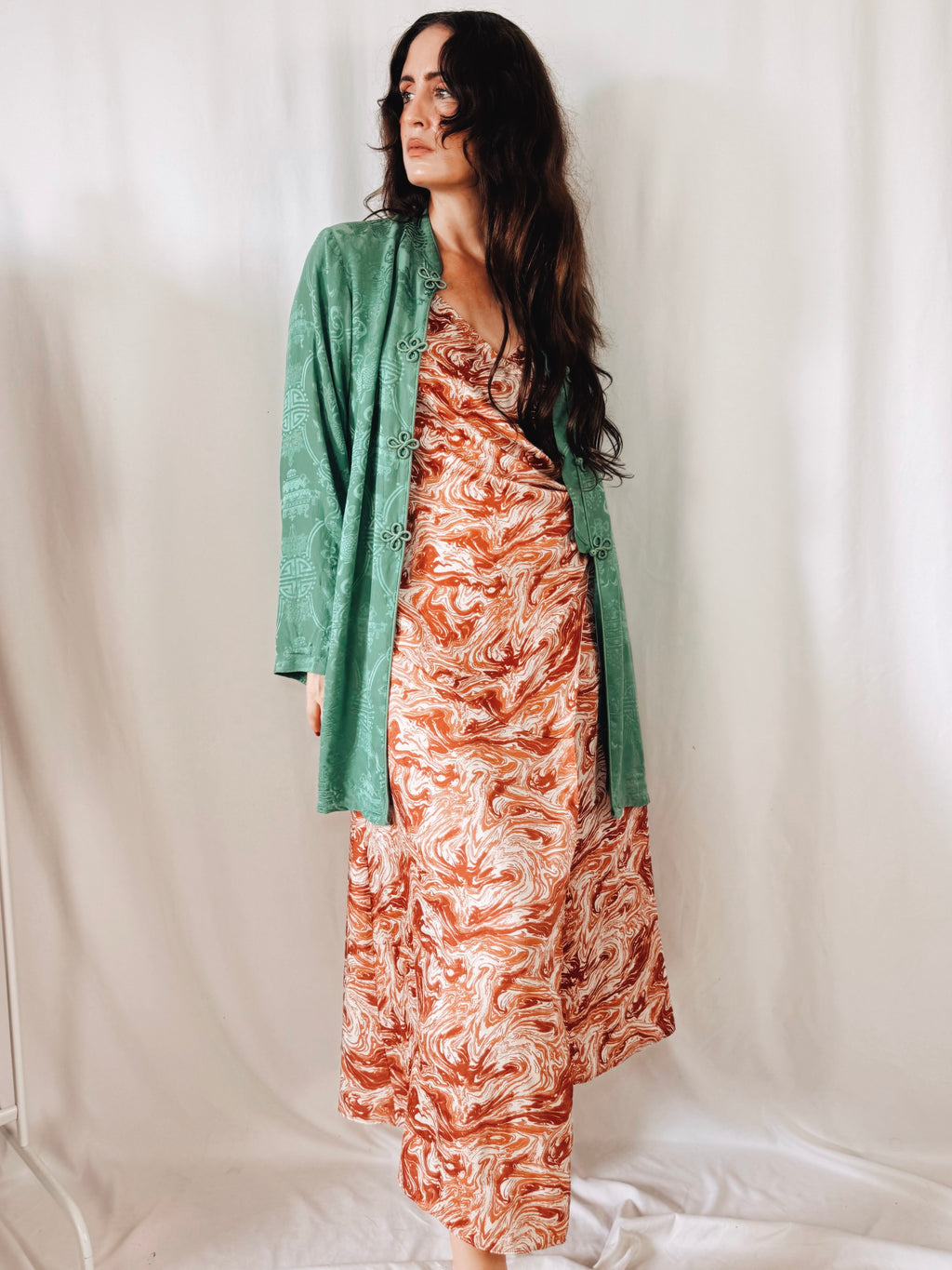 Kimono de Seda 100% Monsoon Verde Jade con Cierres Orientales | Talla EU 40