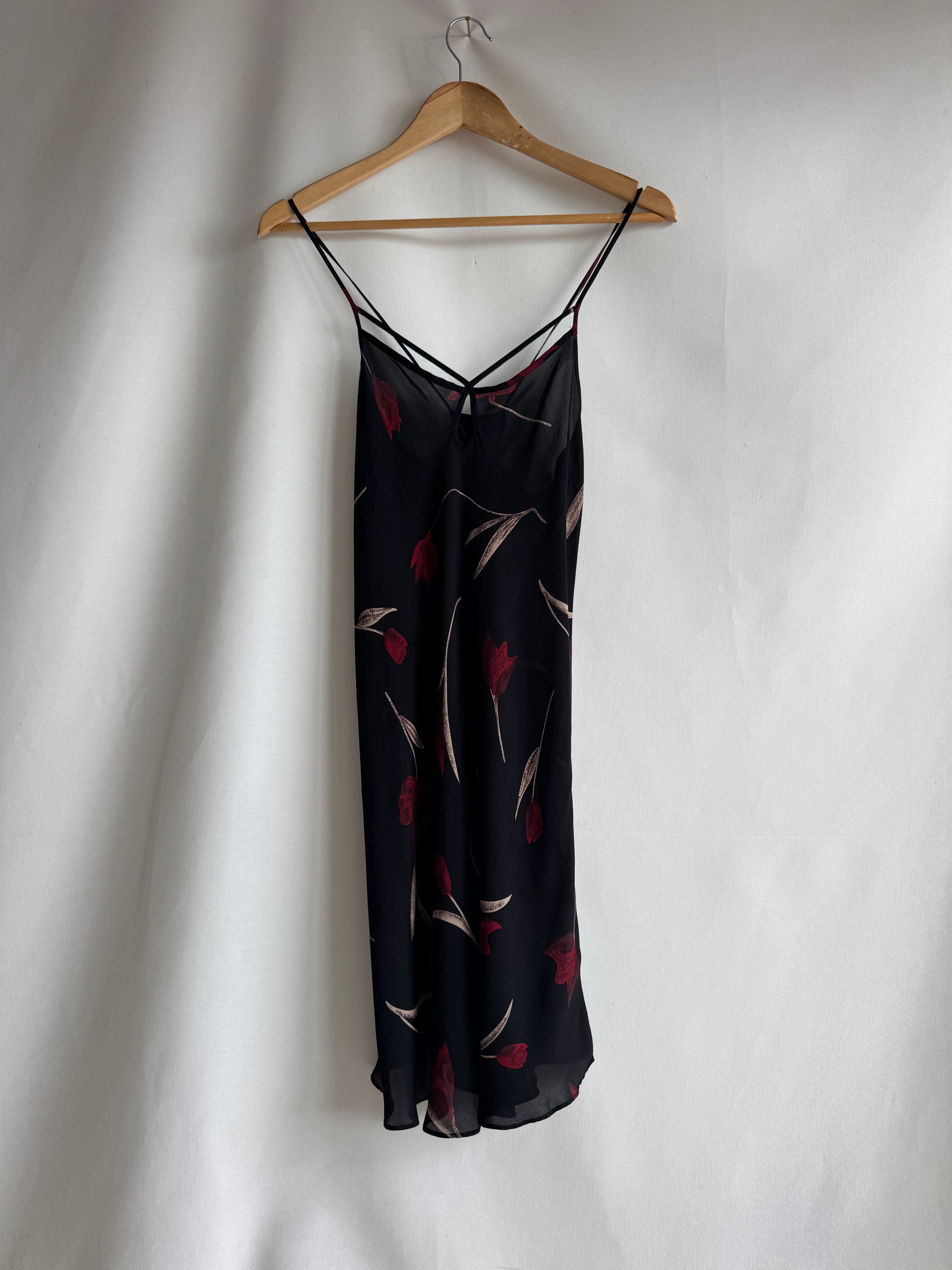 Vestido vintage Queentex 100% seda negro floral lencero tirantes finos