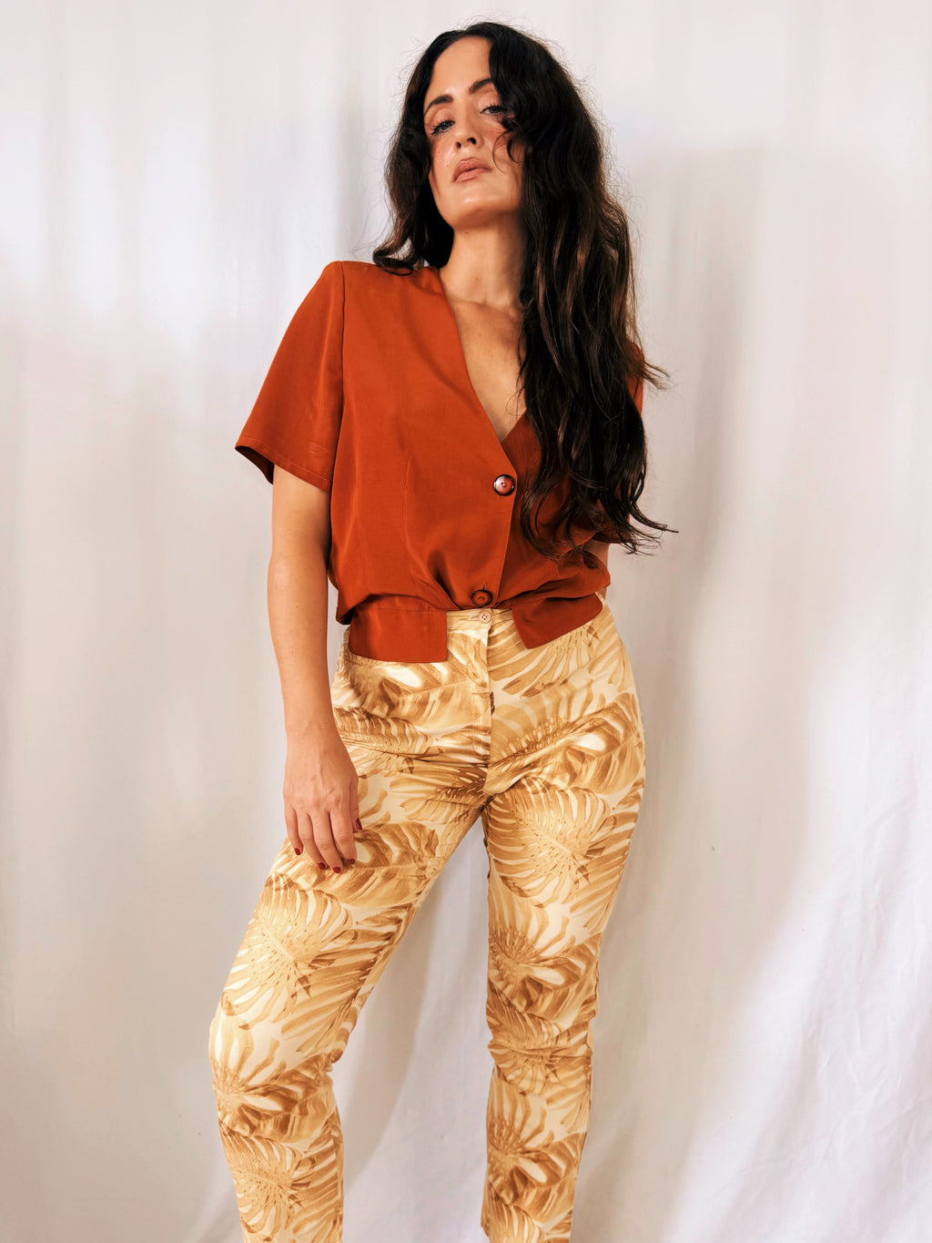 Pantalón Vintage Pilar Rueda Hojas Monstera Tiro Alto Talla 36/38