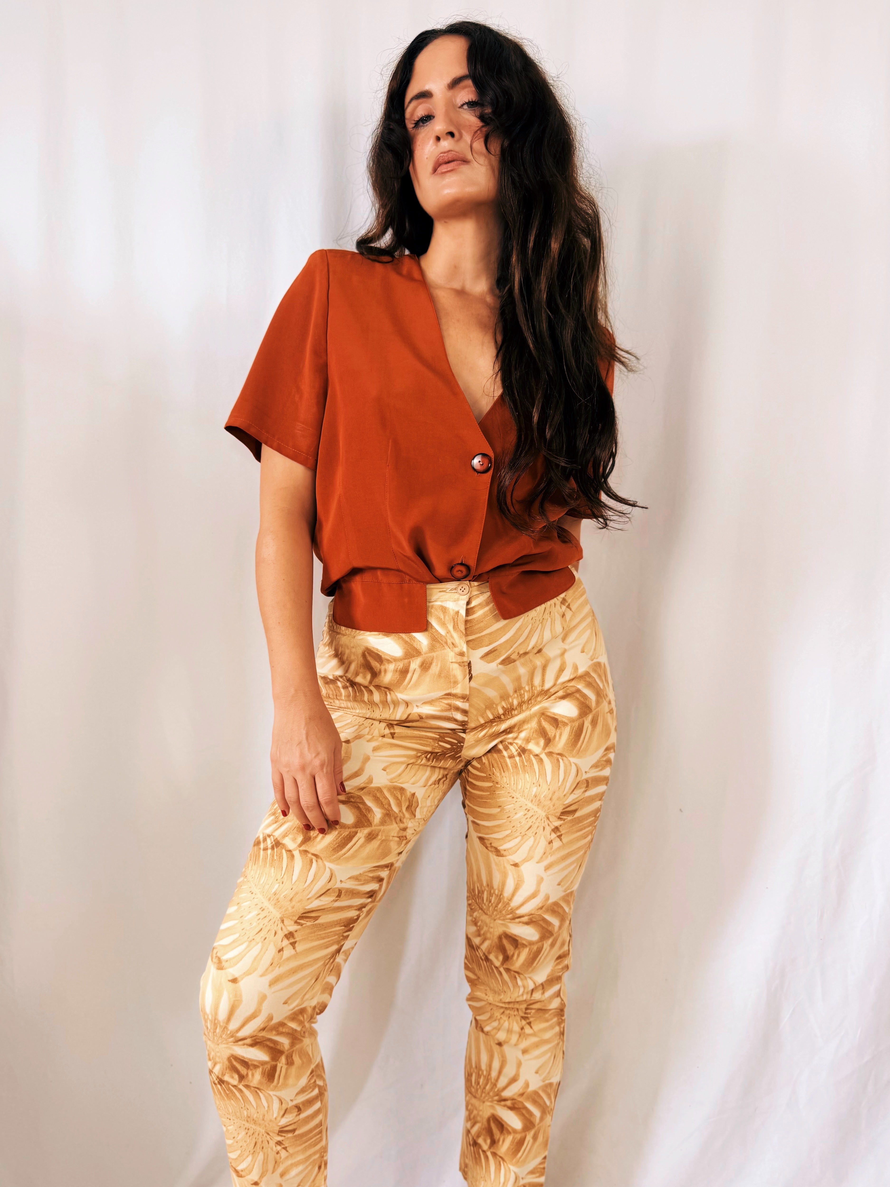 Pantalón Vintage Pilar Rueda Hojas Monstera Tiro Alto Talla 36/38