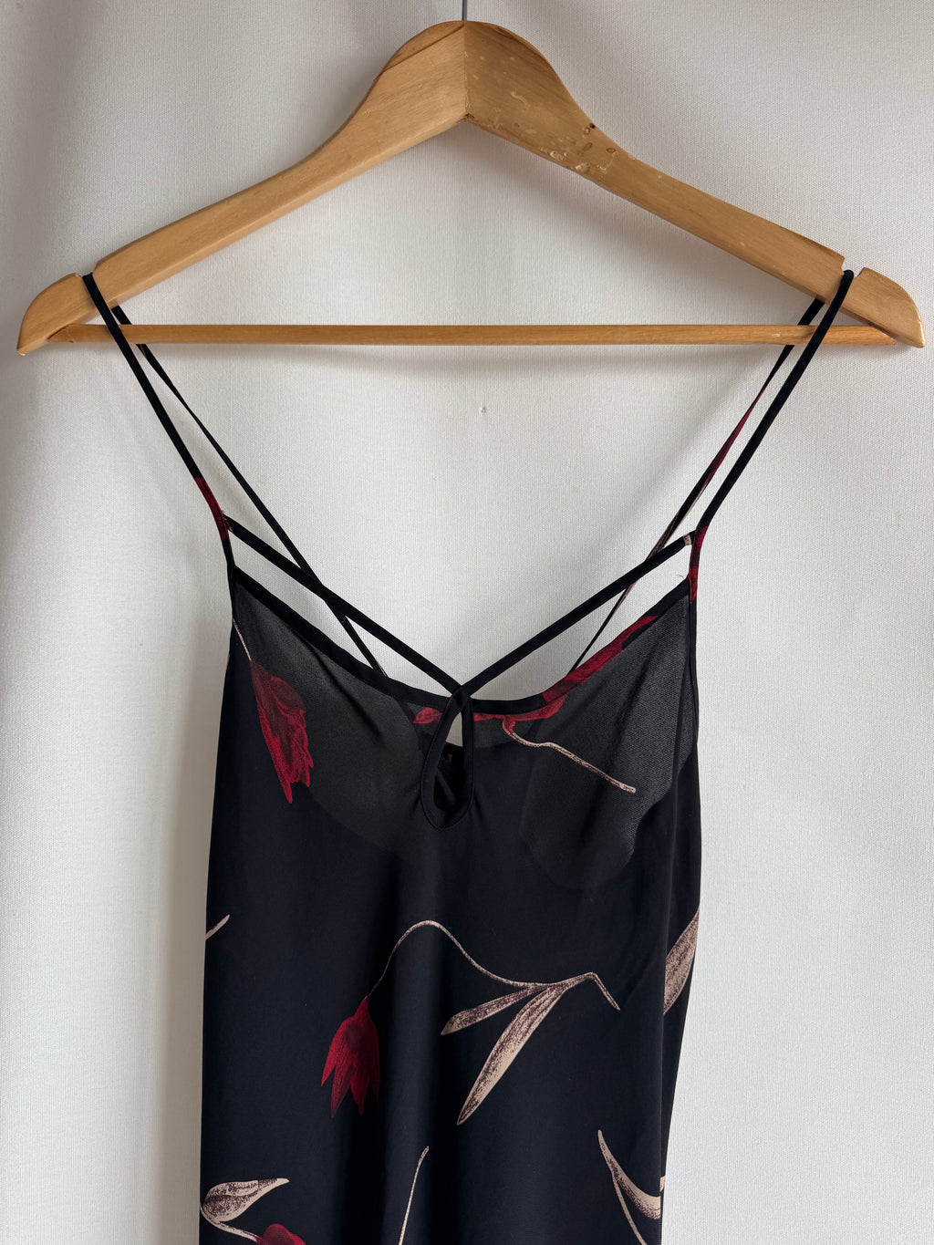 Vestido vintage Queentex 100% seda negro floral lencero tirantes finos