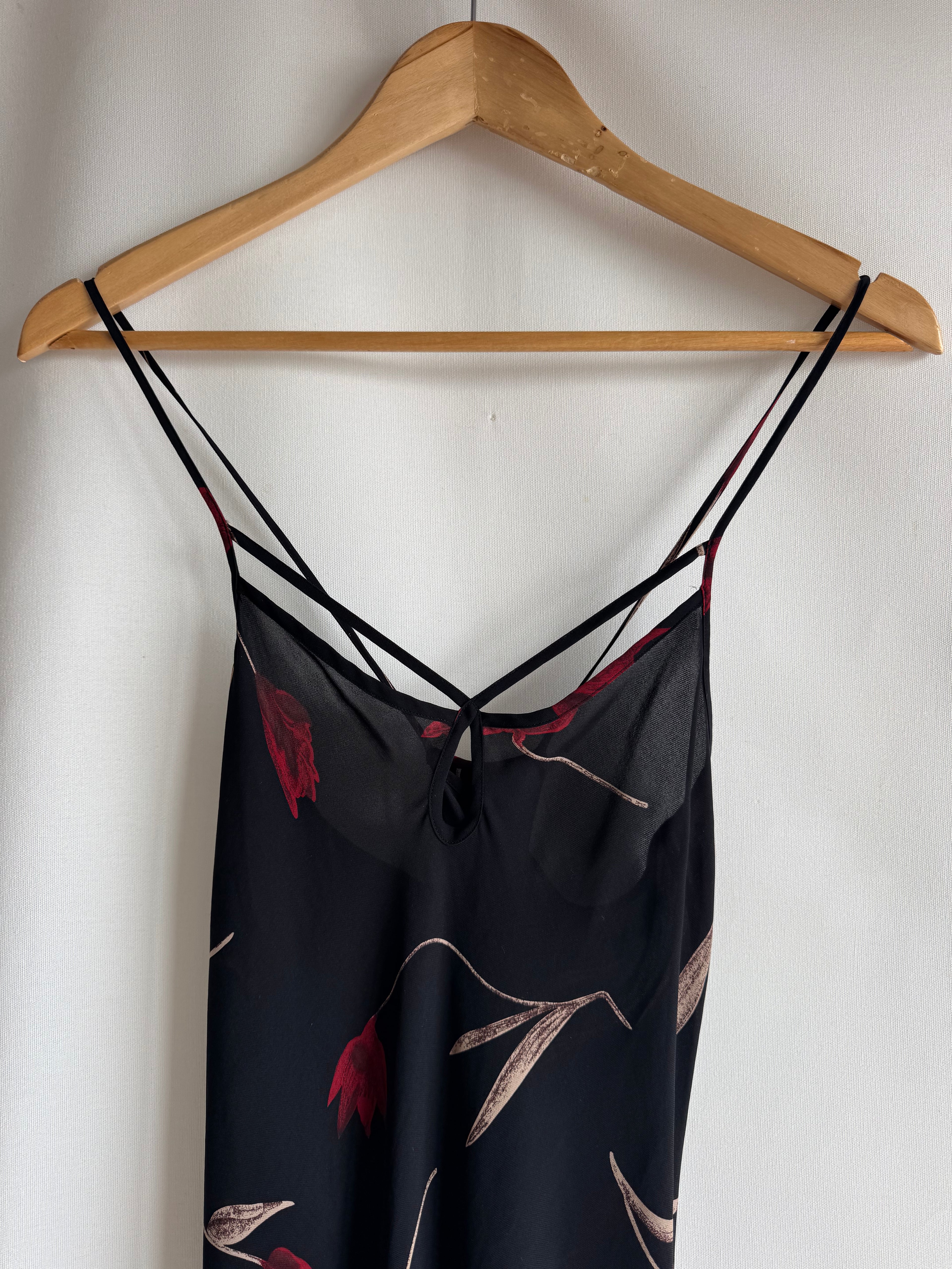 Vestido vintage Queentex 100% seda negro floral lencero tirantes finos