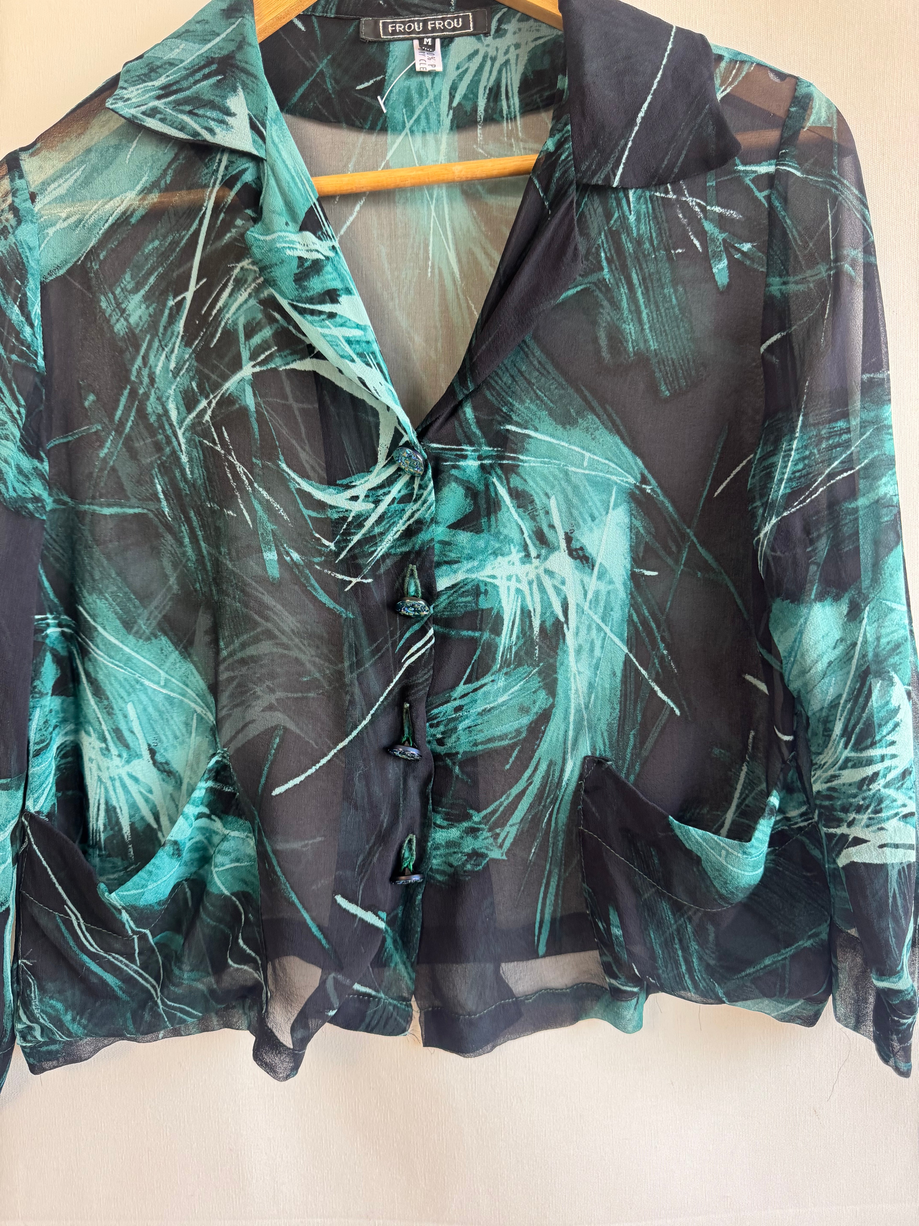 Blusa 100% Seda Pura Frou Frou - Talla M / S-M - Verde Turquesa - NUEVA con Etiqueta