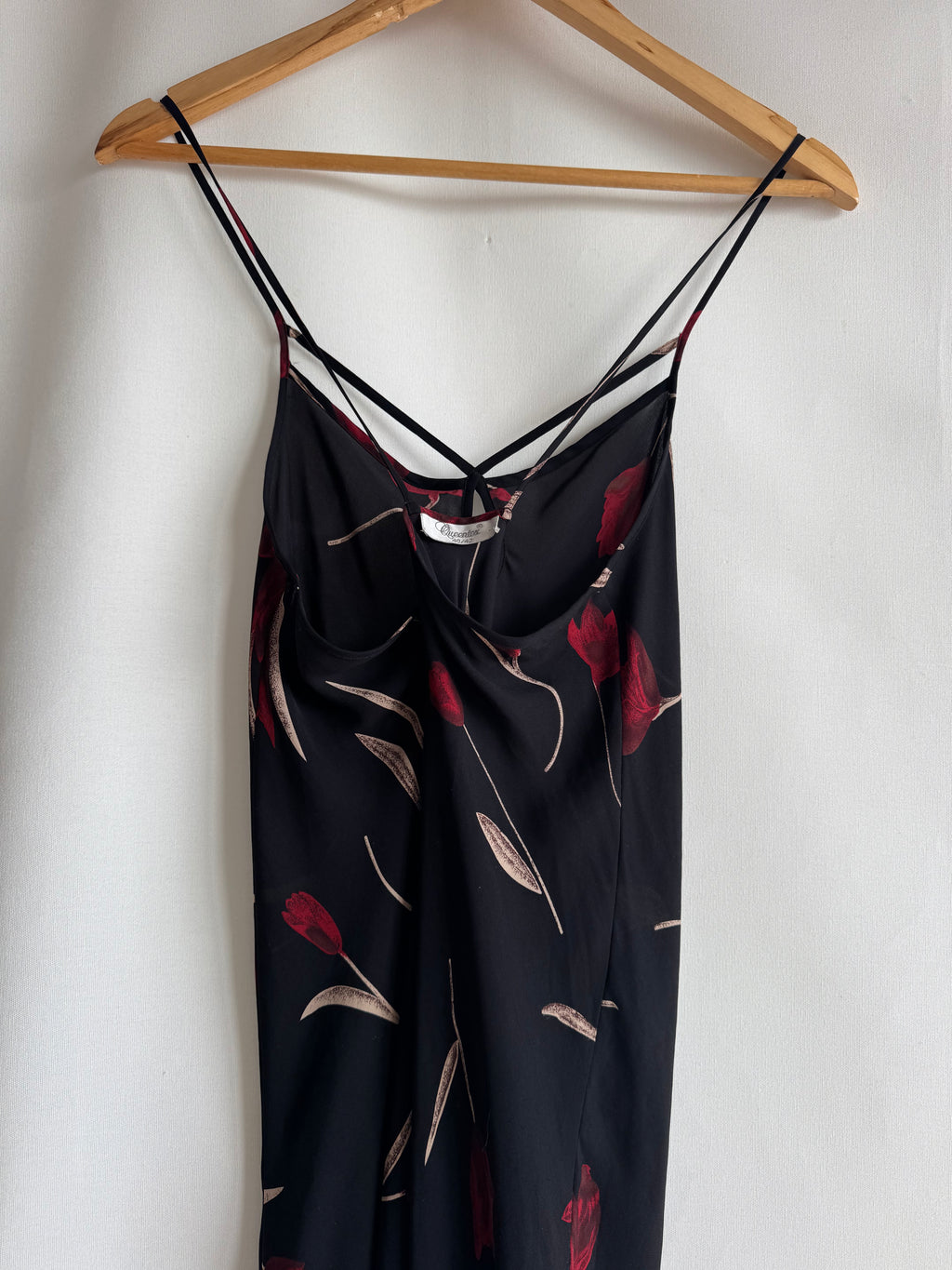 Vestido vintage Queentex 100% seda negro floral lencero tirantes finos