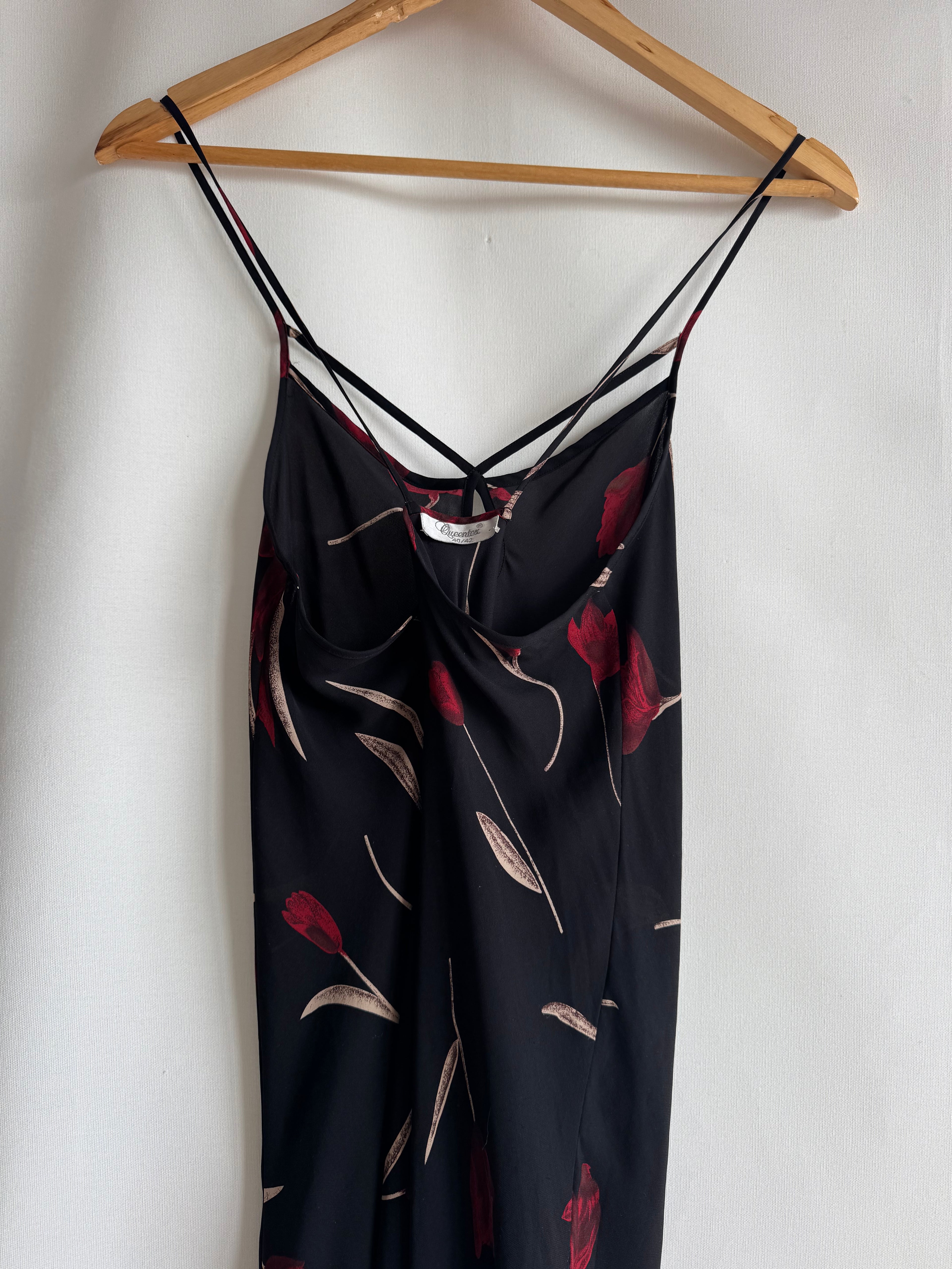 Vestido vintage Queentex 100% seda negro floral lencero tirantes finos