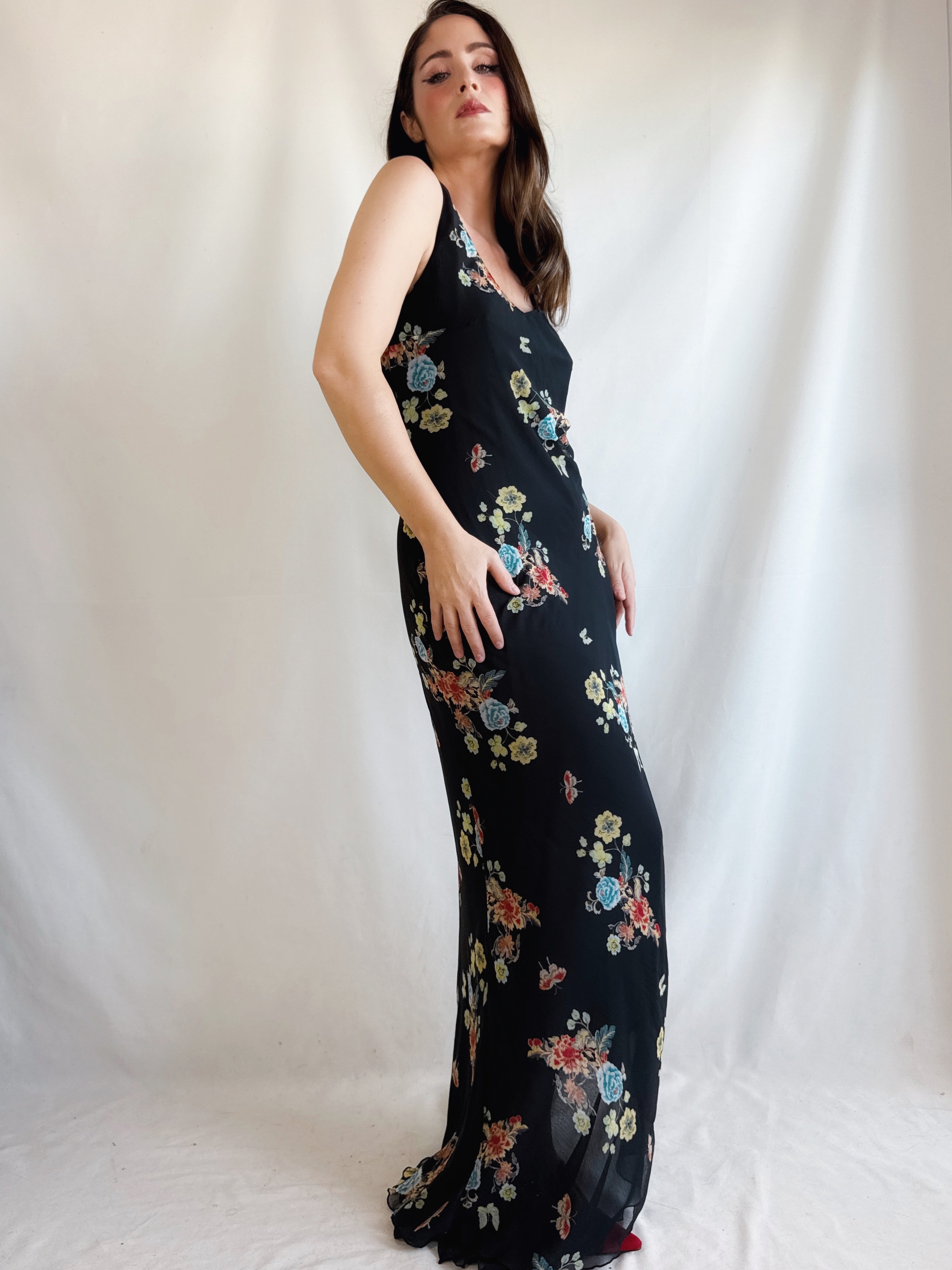 Vestido Vintage Floral Midi Maxi Negro · Unit El Corte Inglés · Slip Dress 90s