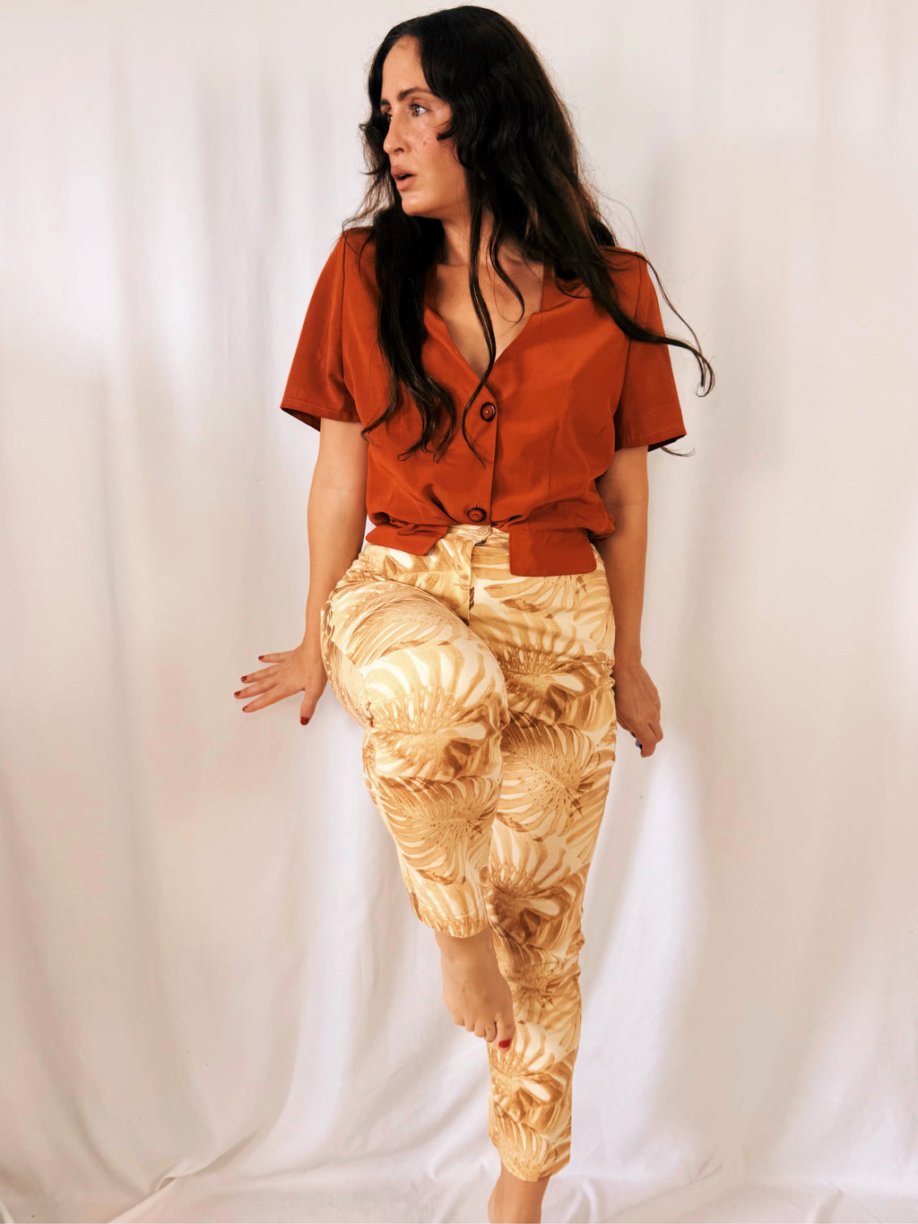 Pantalón Vintage Pilar Rueda Hojas Monstera Tiro Alto Talla 36/38