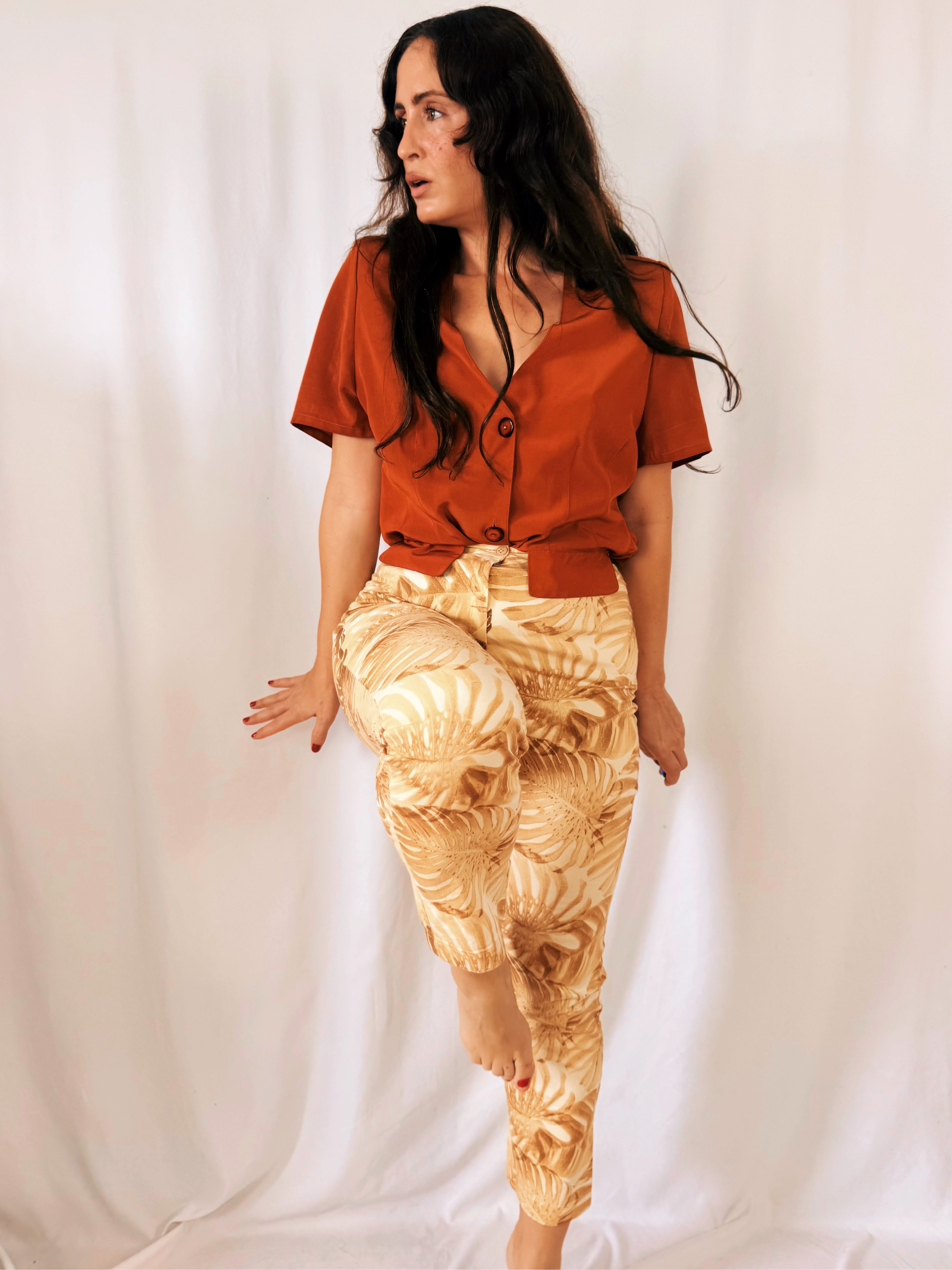 Pantalón Vintage Pilar Rueda Hojas Monstera Tiro Alto Talla 36/38