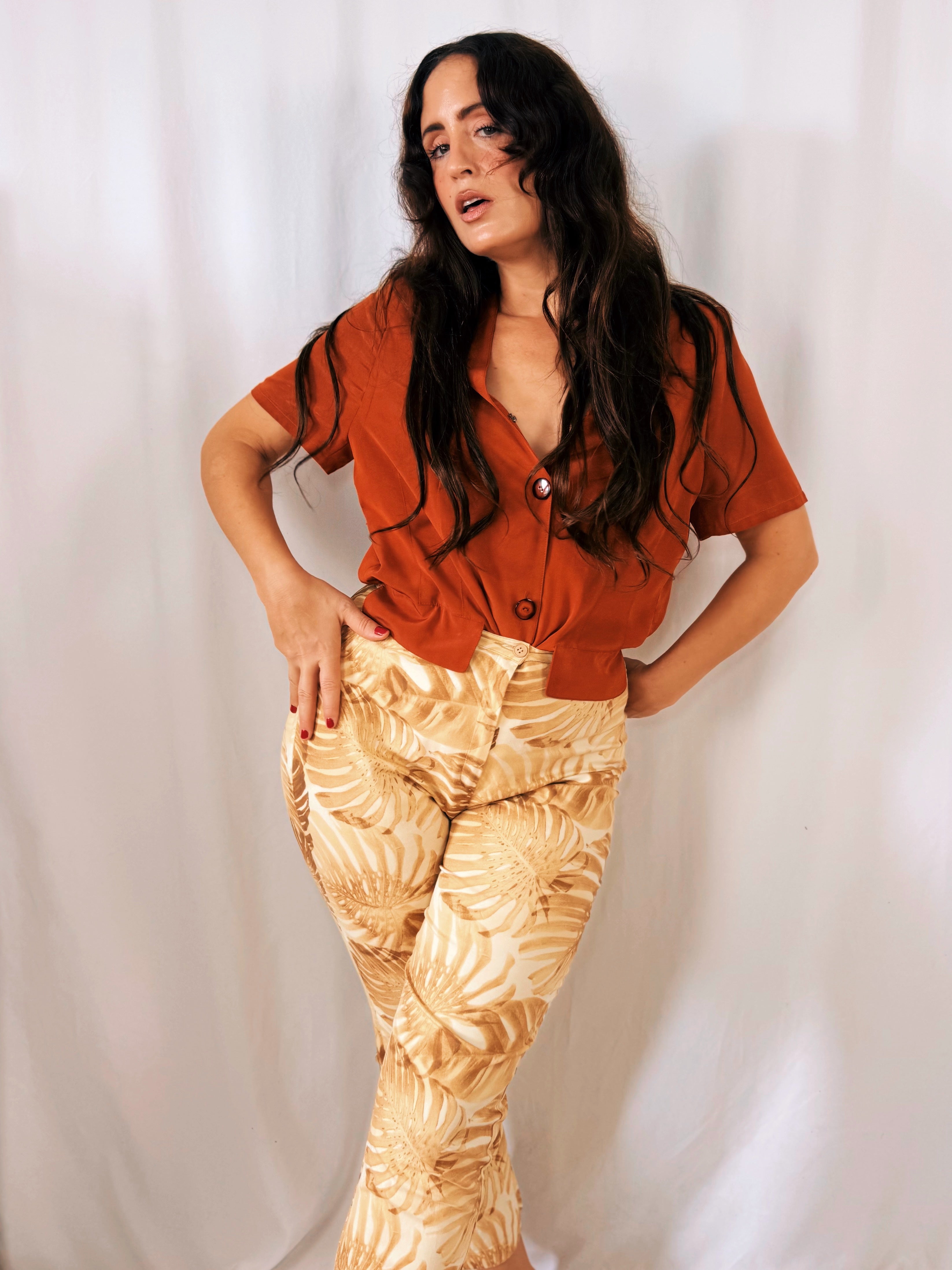 Pantalón Vintage Pilar Rueda Hojas Monstera Tiro Alto Talla 36/38