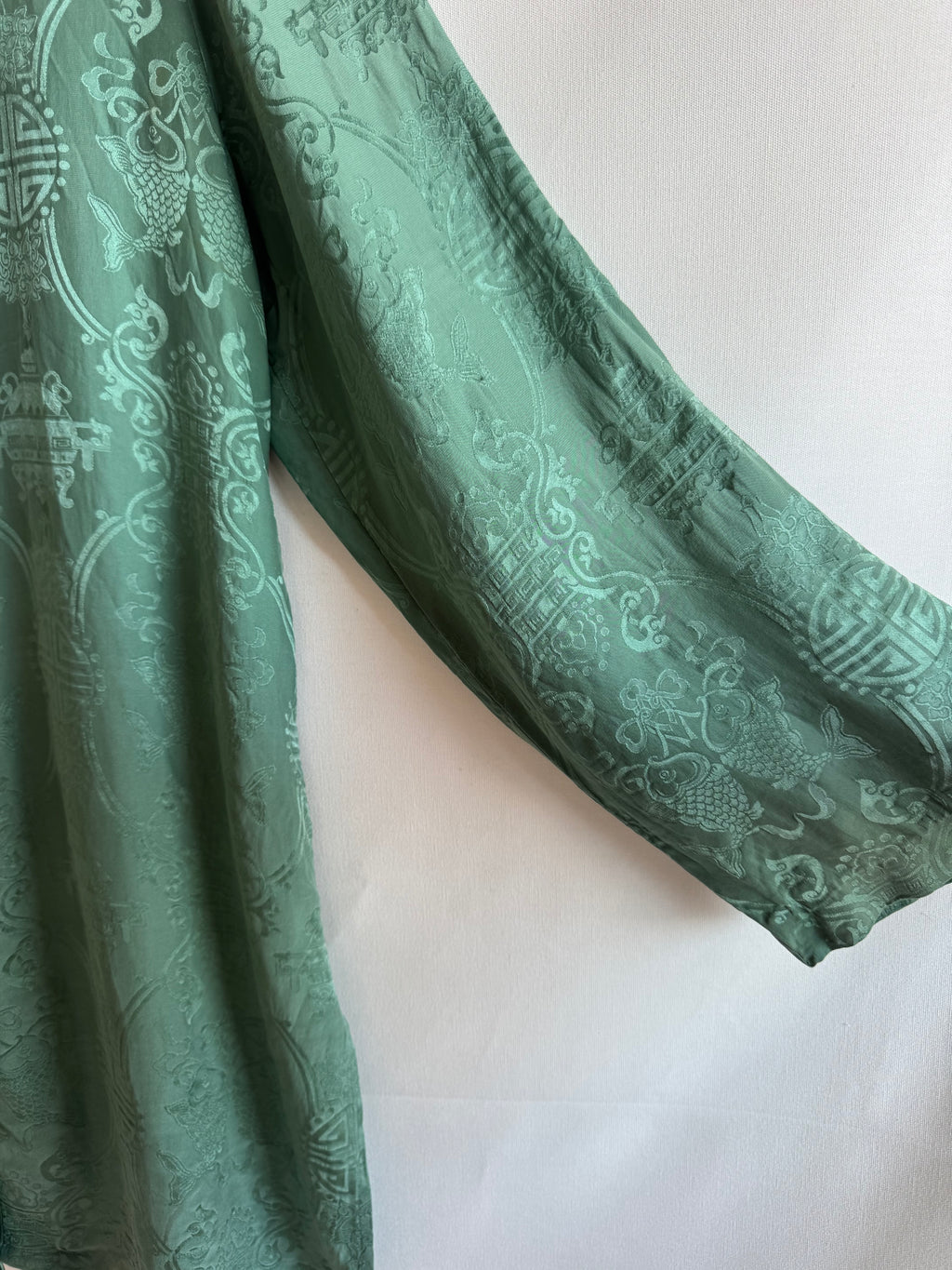 Kimono de Seda 100% Monsoon Verde Jade con Cierres Orientales | Talla EU 40