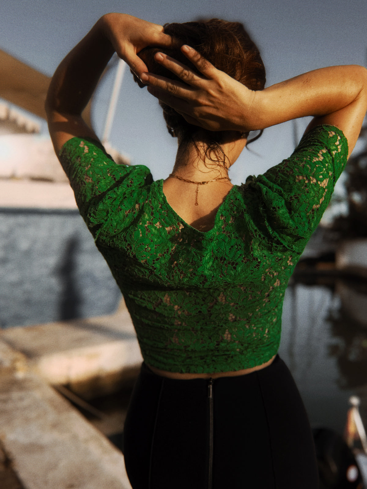 Top vintage de crochet verde esmeralda