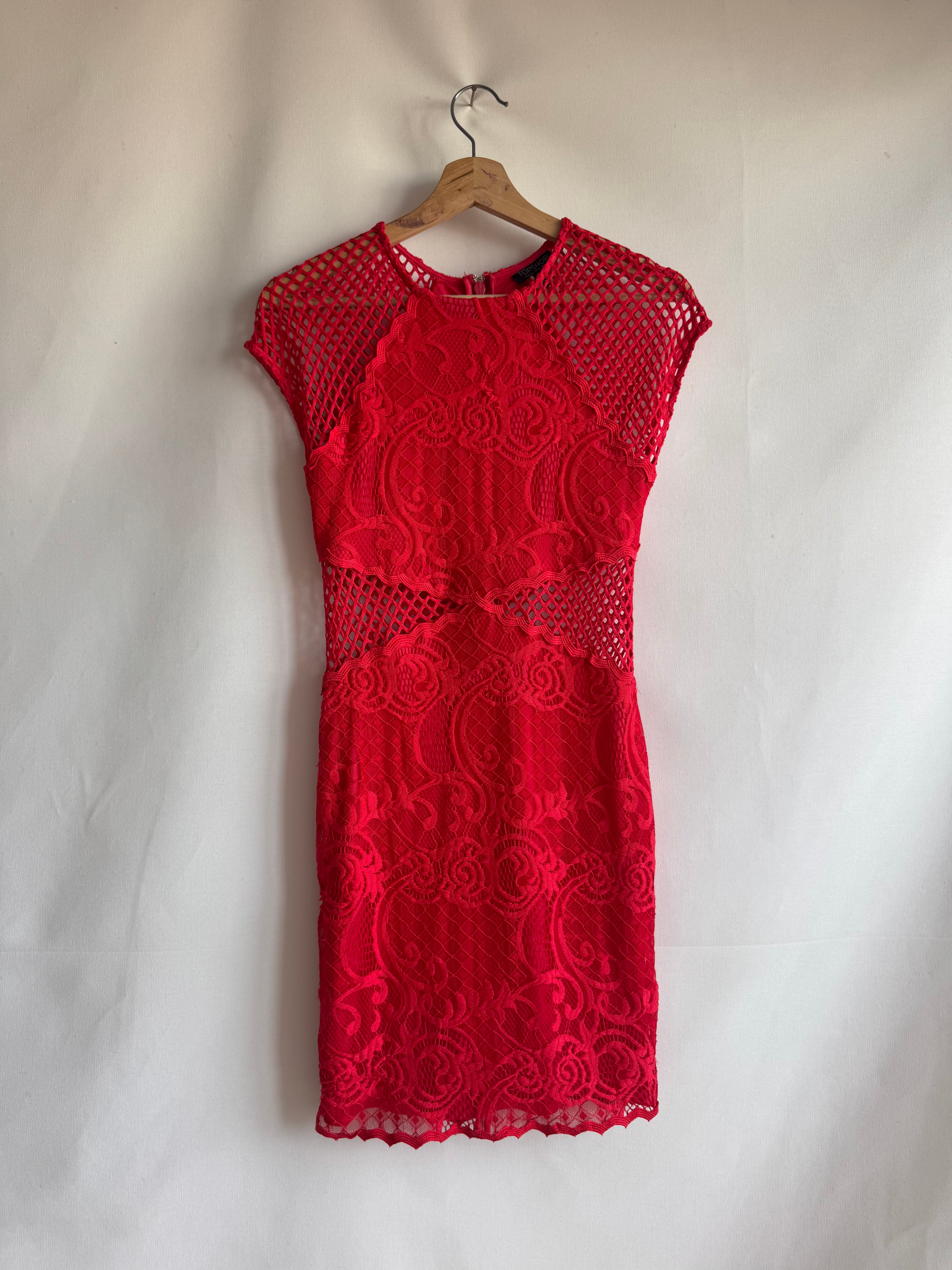 Vestido Pre-Loved Topshop rojo mini encaje elástico con transparencias