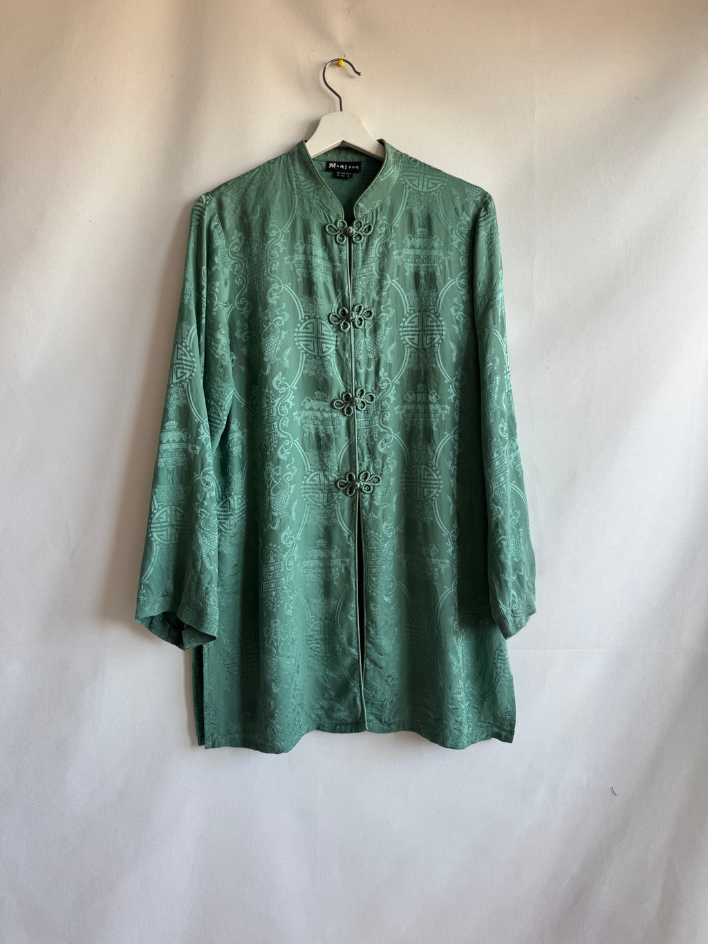 Kimono de Seda 100% Monsoon Verde Jade con Cierres Orientales | Talla EU 40