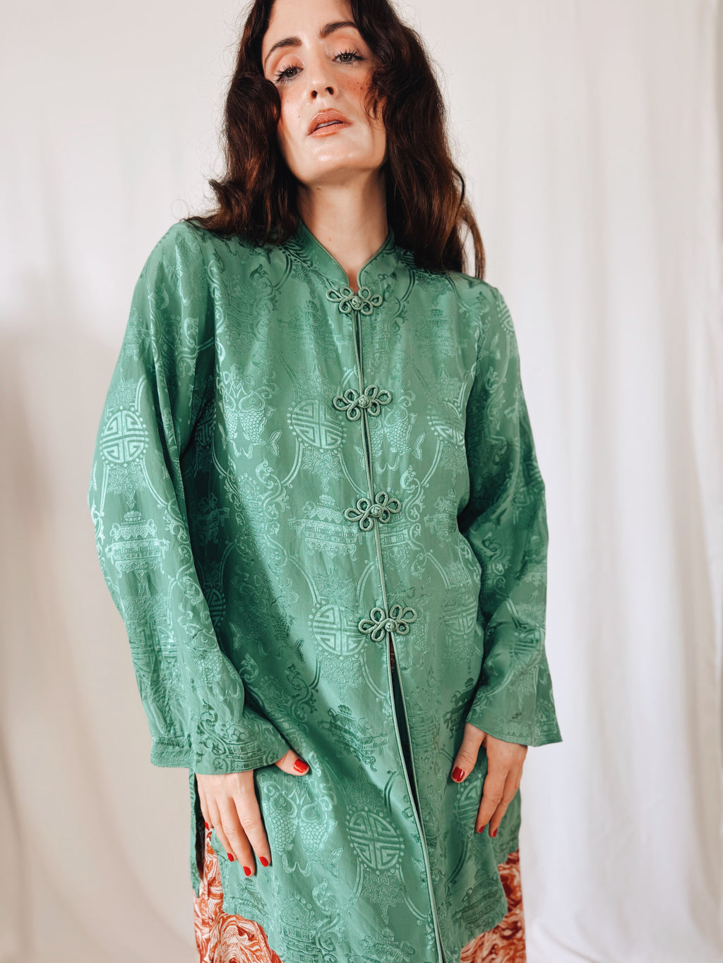 Kimono de Seda 100% Monsoon Verde Jade con Cierres Orientales | Talla EU 40