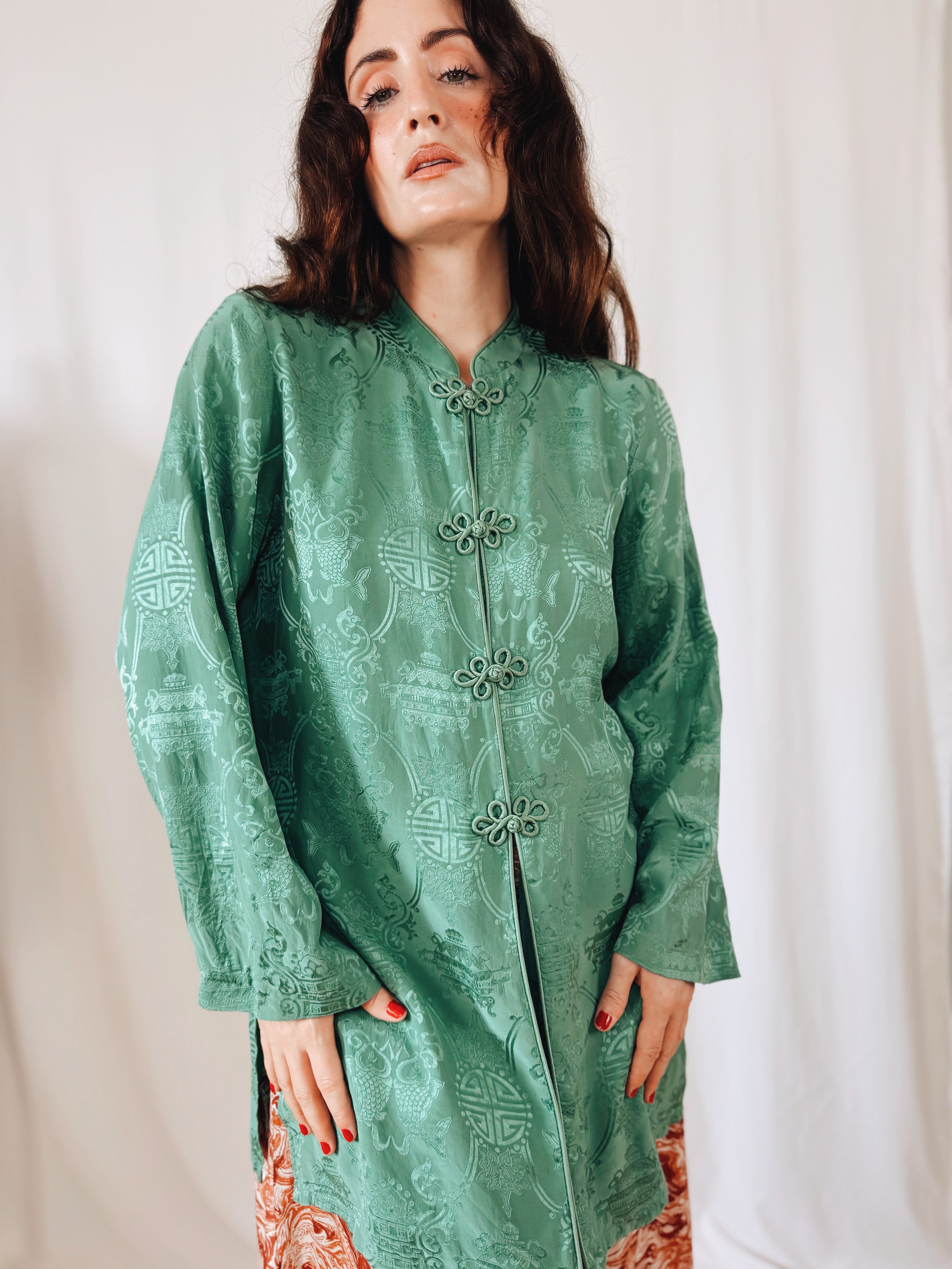 Kimono de Seda 100% Monsoon Verde Jade con Cierres Orientales | Talla EU 40