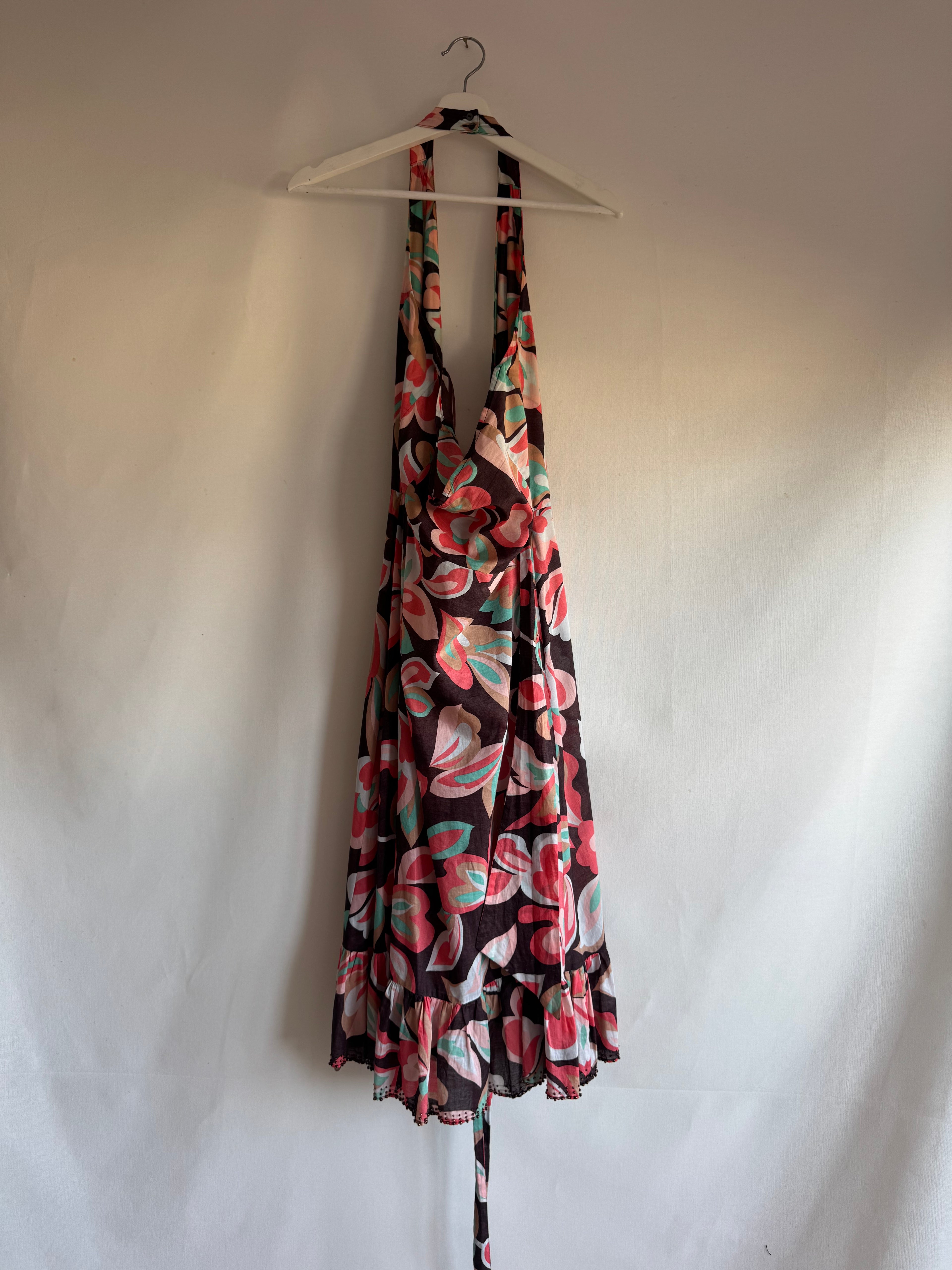 Vestido Ted Baker London 100% algodón con escote halter cruzado y estampado floral – Talla 40